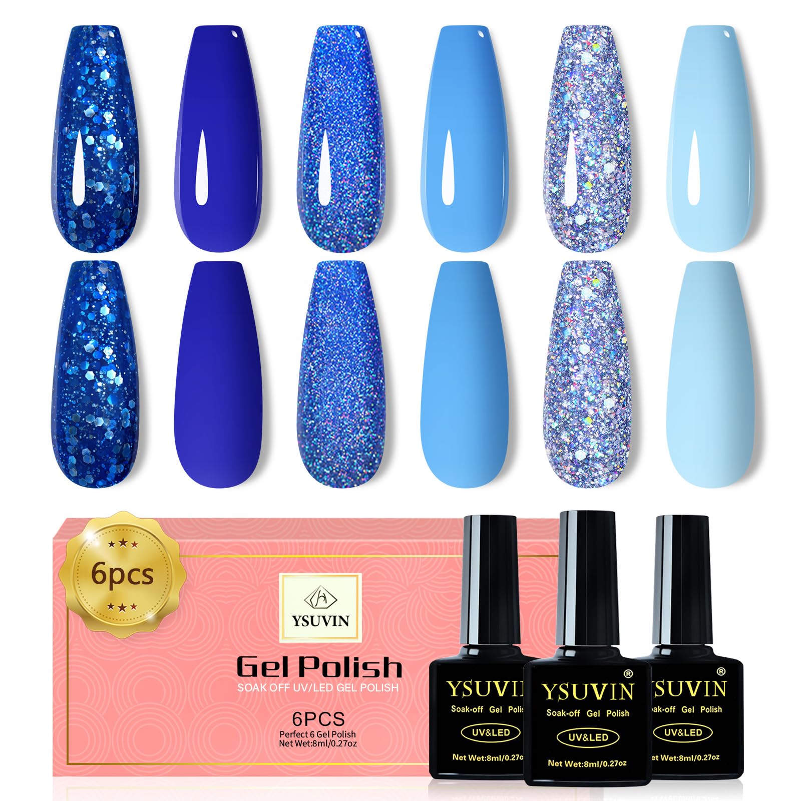 YSUVIN Esmaltes Semipermanentes para Uñas, 6 Colores Azul Cielo Azul Oscuro Azul Lago Azul Brillo Pintauñas Semipermanentes, Esmalte Uñas Soak Off UV/LED Gel Uñas Diy Manicura Nail Art Set, 8ml
