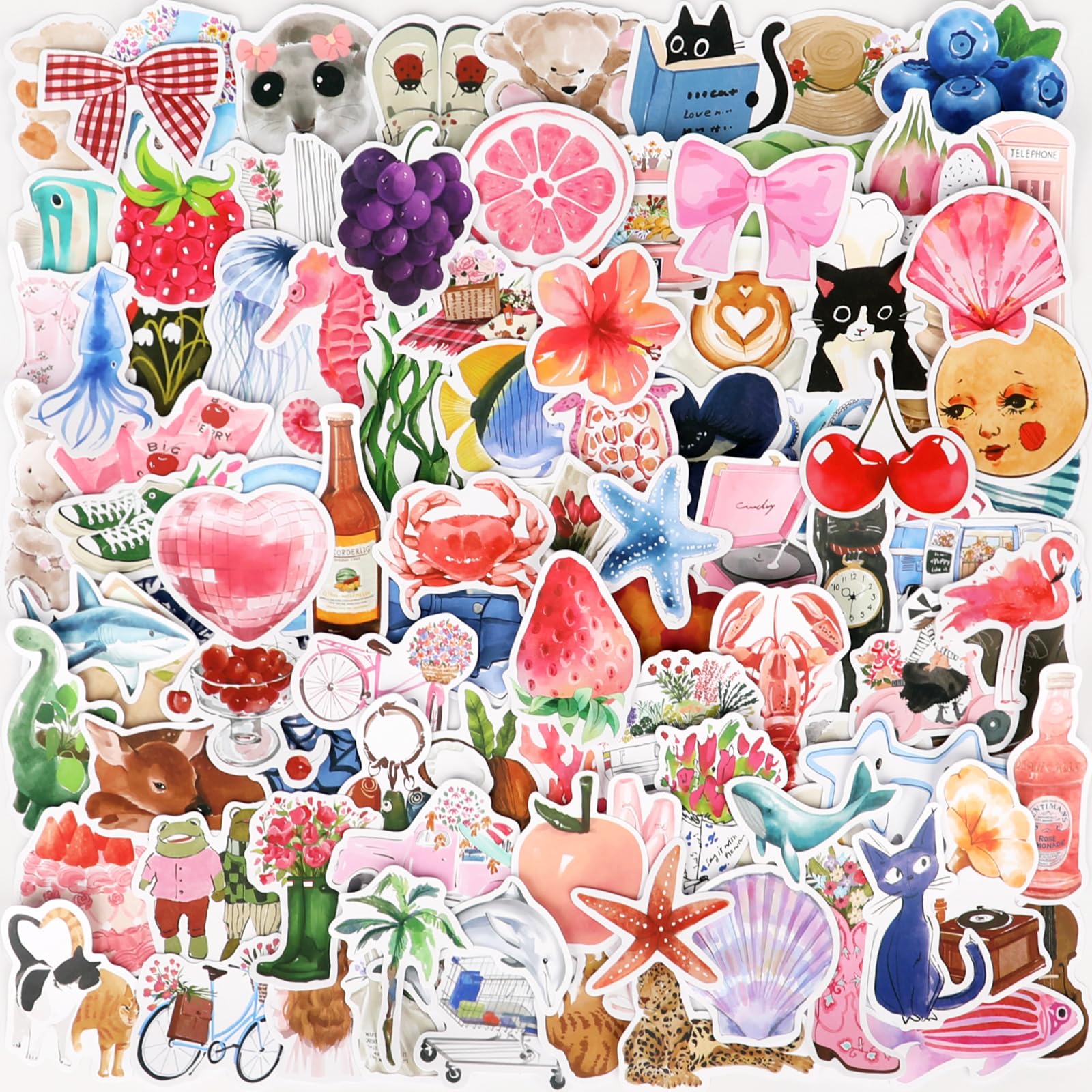100 Pcs Cute Aesthetic Stickers Watercolor Coquette Sticker Pack Aesthetic Fruit Themed Vinyl Waterproof Stickes for Water Bottles Laptop Skateboard