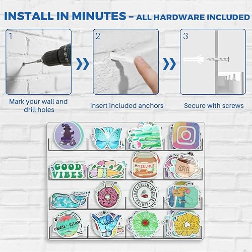 Miniatura 5 de Organizador de exhibición de calcomanías montado en la pared, estante de acrílico transparente de 16 bolsillos, fácil de instalar para calcomanías,