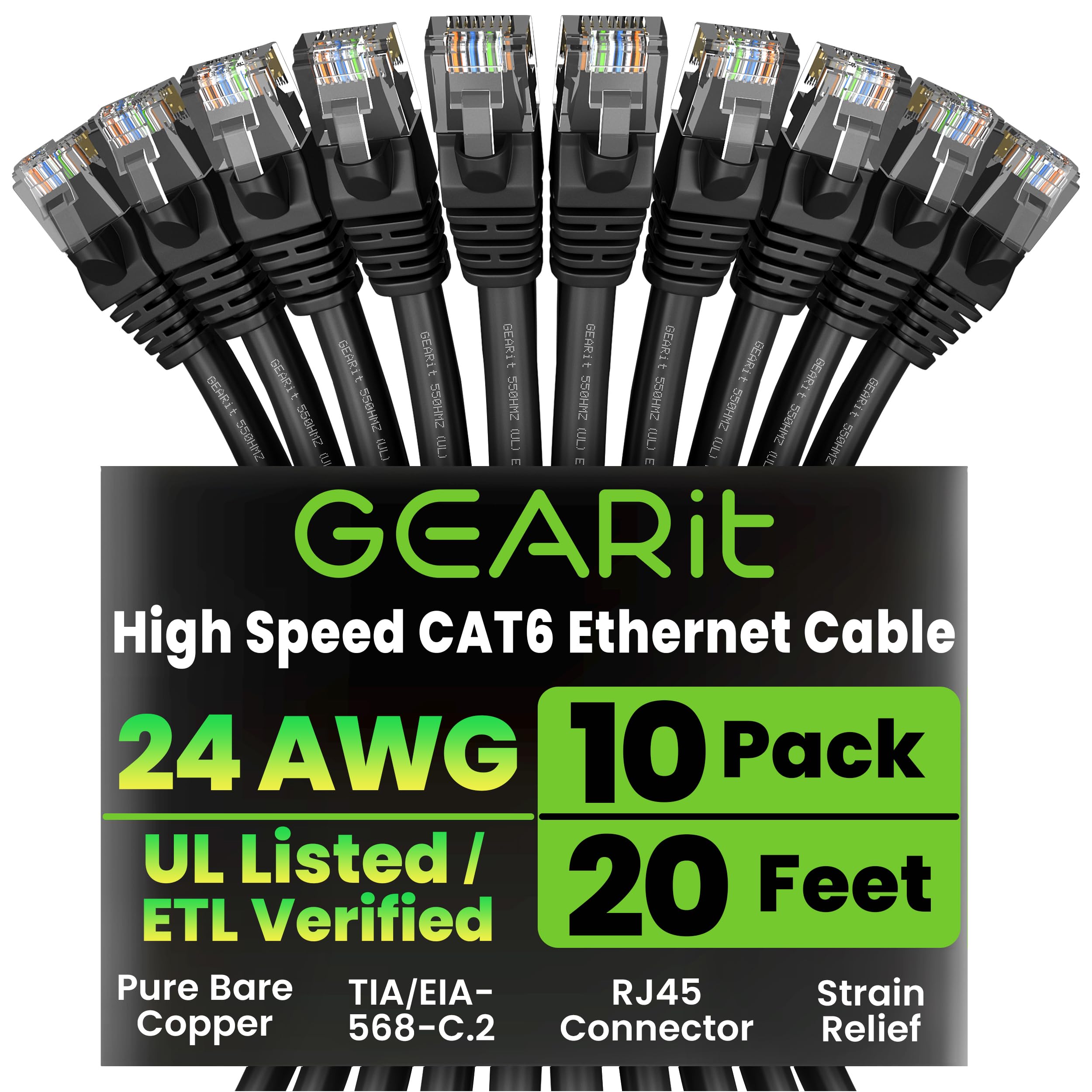 - GEARit Cat 6 Ethernet Cable Pack - 10-Pack 20 ft Cat6 Ethernet Patch Cables | RJ45 Network Patch Cable, 10 Gbps Snagless Gold-Plated Connectors - Ethernet Cable Cat 6 for PC, TV, Router - Black
