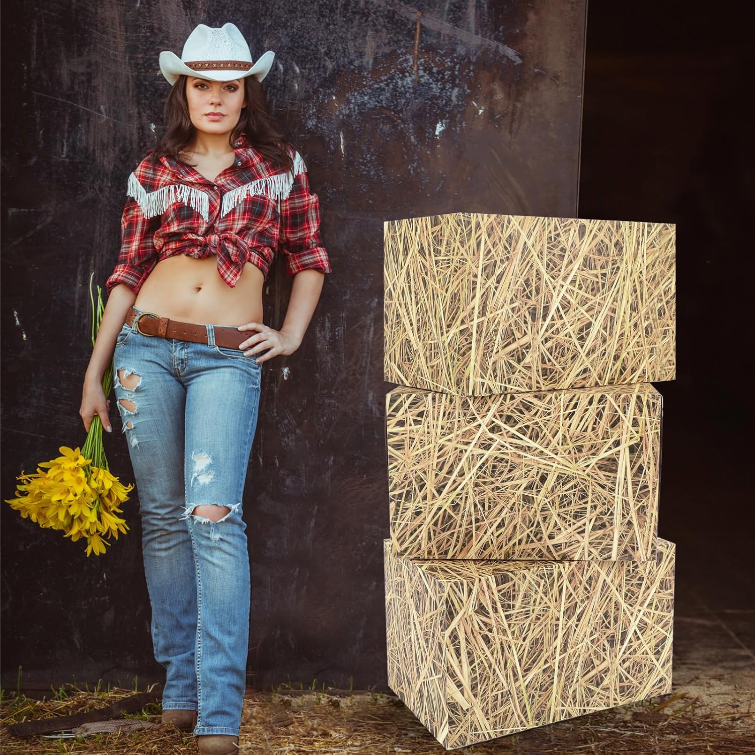 12pcs Western Cowboy Party Straw Decor Hay Bales Paper Boxes Farm Photo Booth Props for Rustic Farm Country Farmhouse Retro Birthday Party Supplies(15.7 x 9.8 x 9.8 Inch)