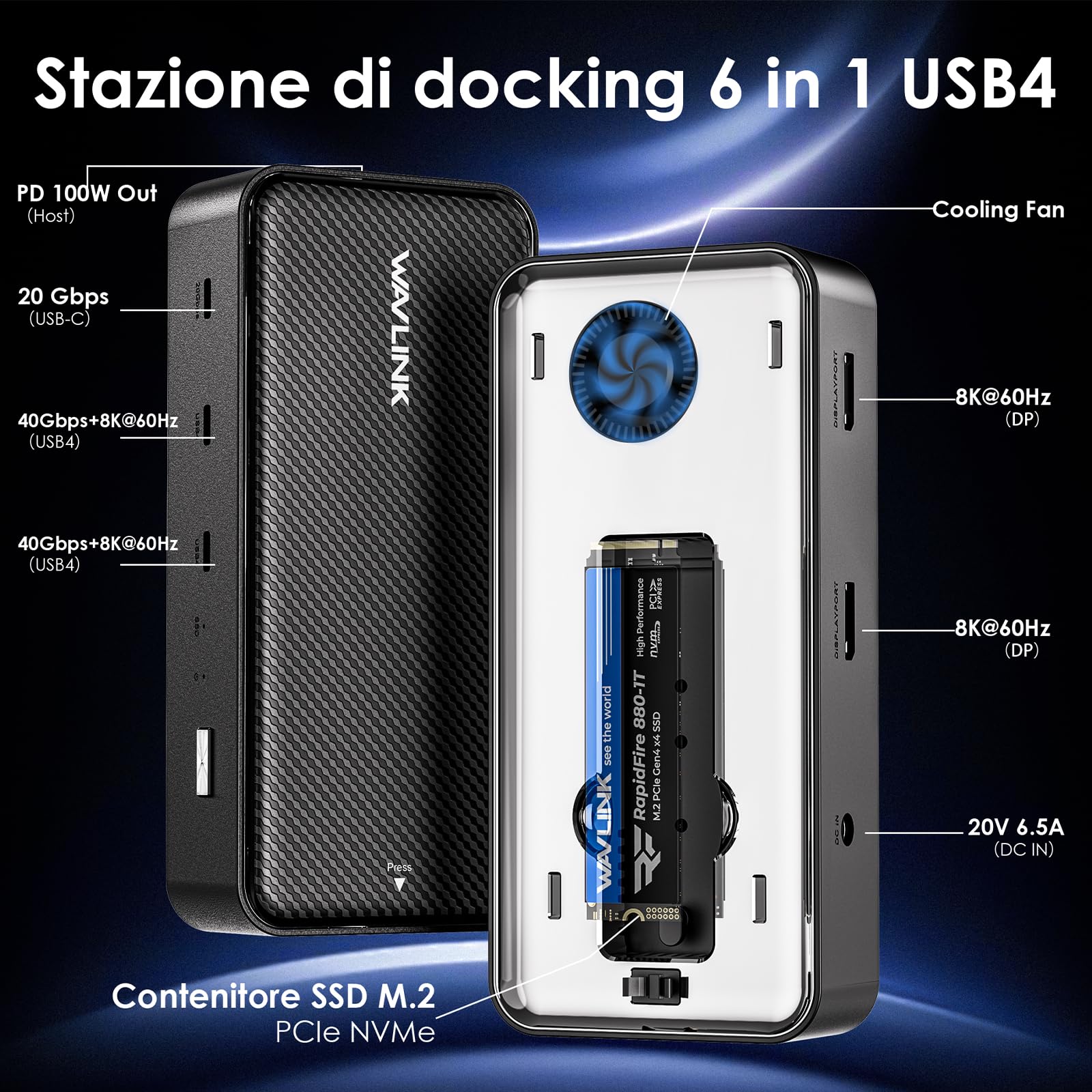 WAVLINK Docking Station USB4 per lavoro creativo professionale, display singolo 8K o triplo 4K, PD 130W, USB4 40Gbps, USB-C 20Gbps, custodia SSD NVMe M.2 20Gbps con ventola di raffreddamento
