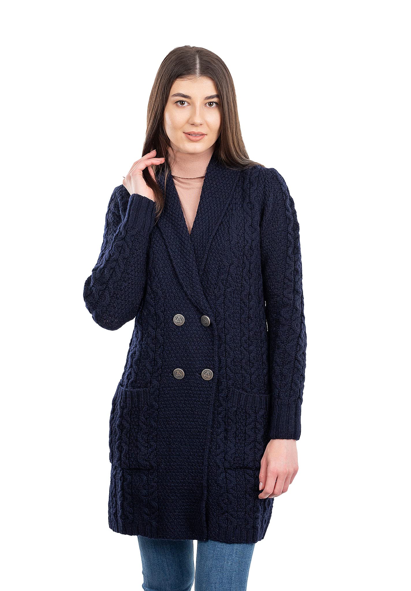 SAOL Chaqueta tipo cárdigan 100 % de lana merino irlandesa con bolsillos para mujer