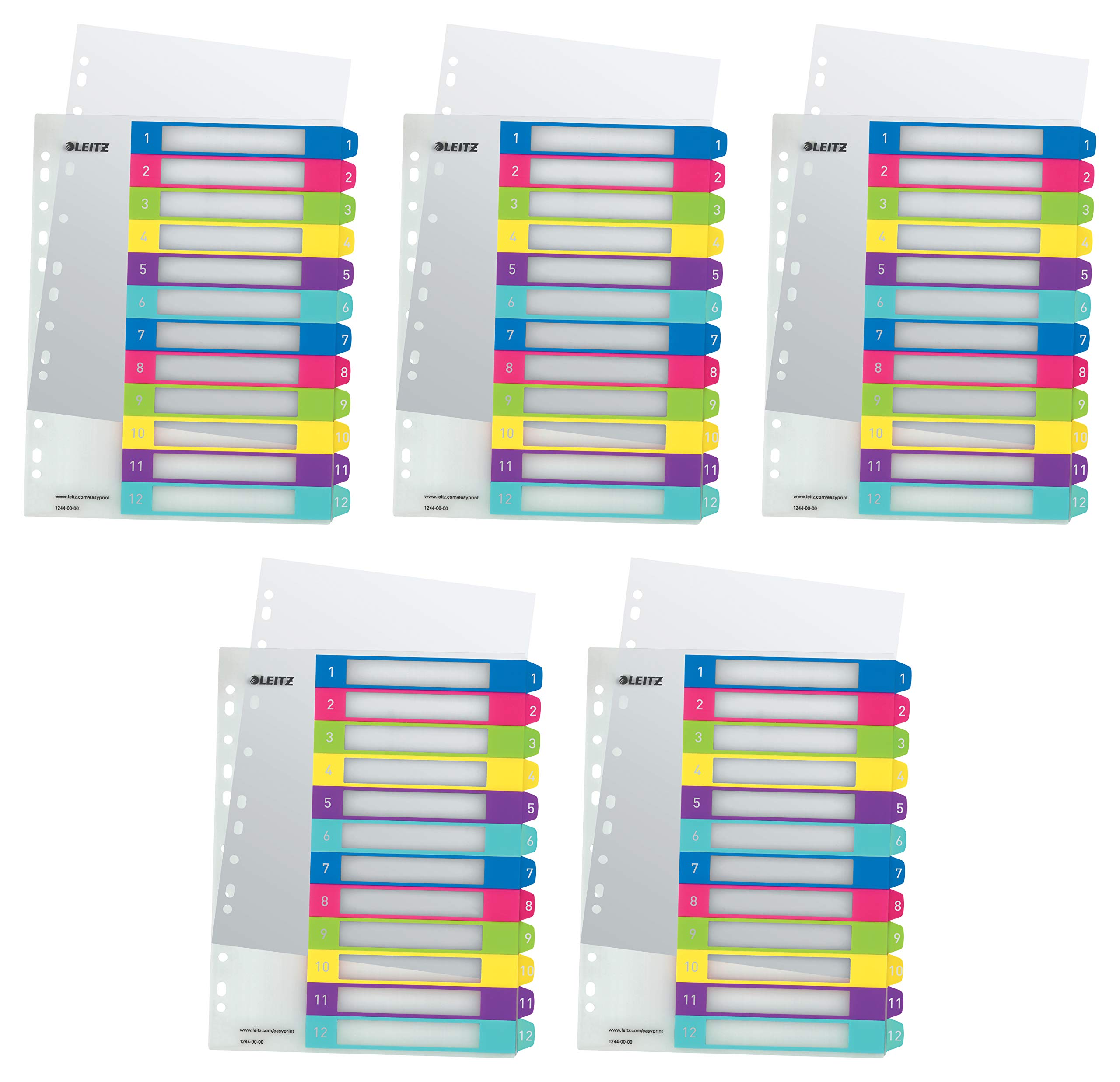 Leitz Register für A4, PC-beschriftbares Deckblatt und 12 Trennblätter, Taben mit Zahlenaufdruck 1-12, Überbreite (1-12 Taben, 5x Mehrfarbig)