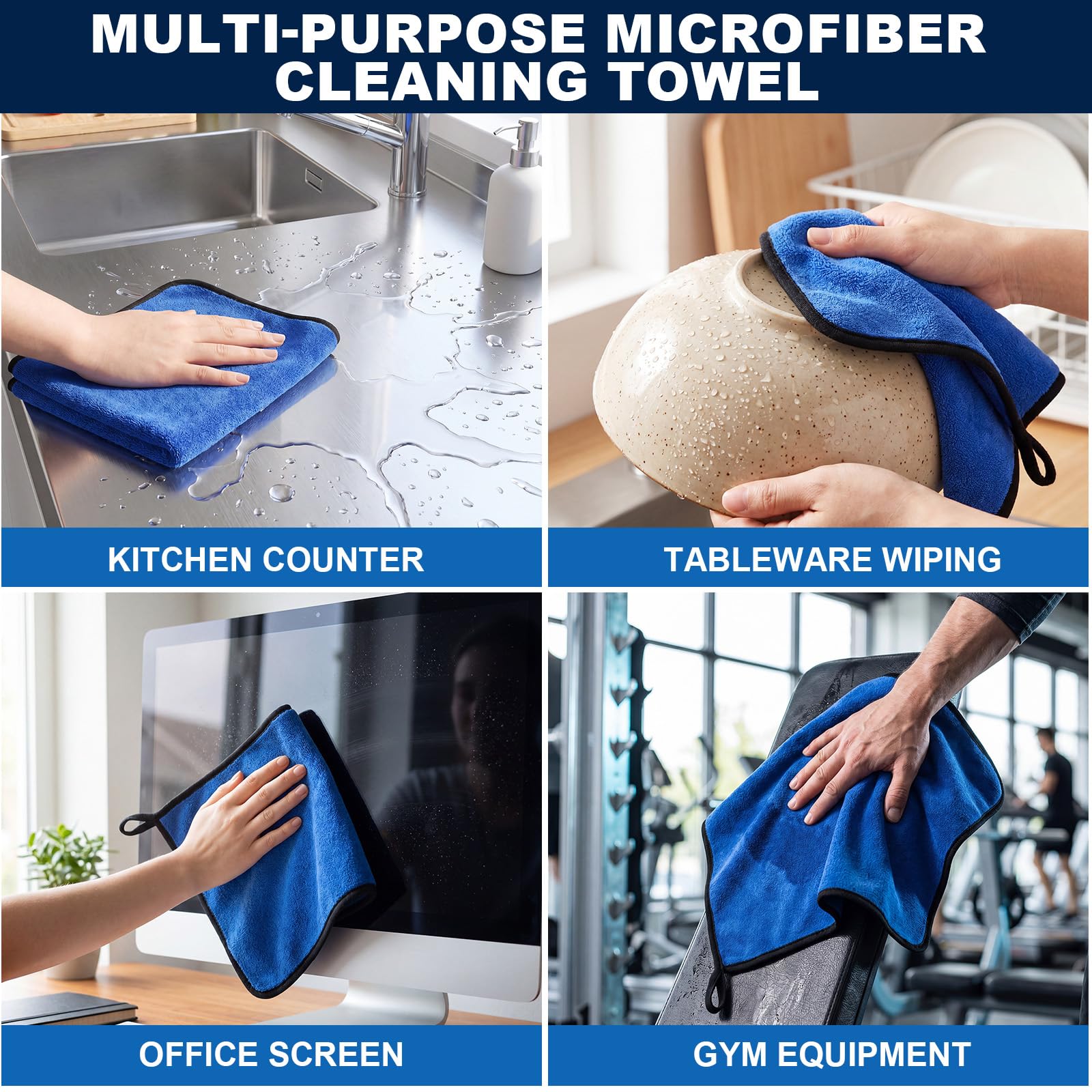 Nuenen Mikrofaser-Reinigungstücher für das Auto, 800 g/m², dickes Plüsch-Reinigungstuch, saugfähige Handtücher, Lappen für Auto, Haushalt, Küche, Fenster, 20 Stück (blau)