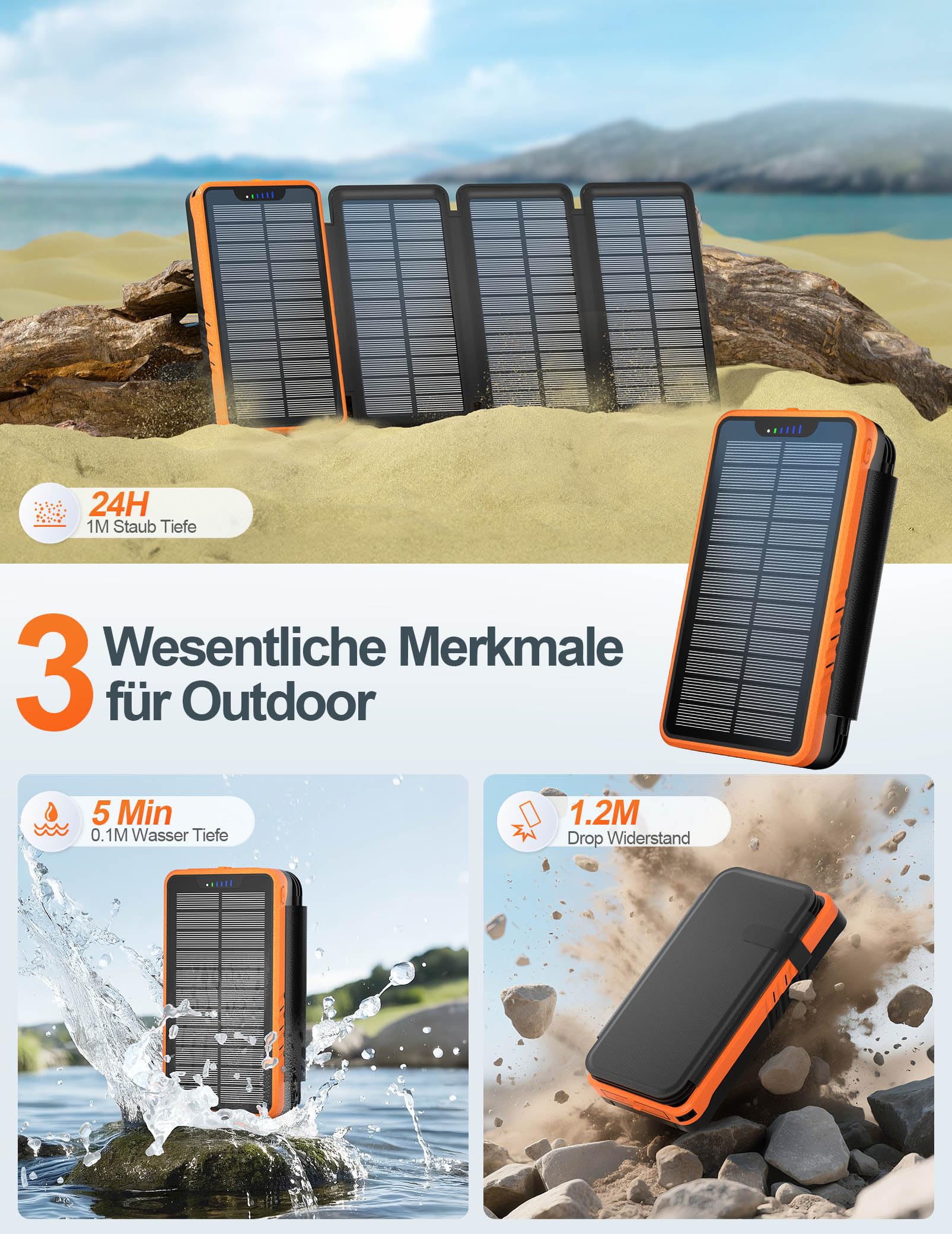 elzle Solar Powerbank 26800mAh, 4 Solarpanel, Outdoor Camping | Wasserfestes Design, 4 Modi Taschenlampe, 5V/2.1A, 5V/3.1A Ausgang, 2 USB-A, 1 USB-C, 5W Solar Eingang, für Handy, Tablet