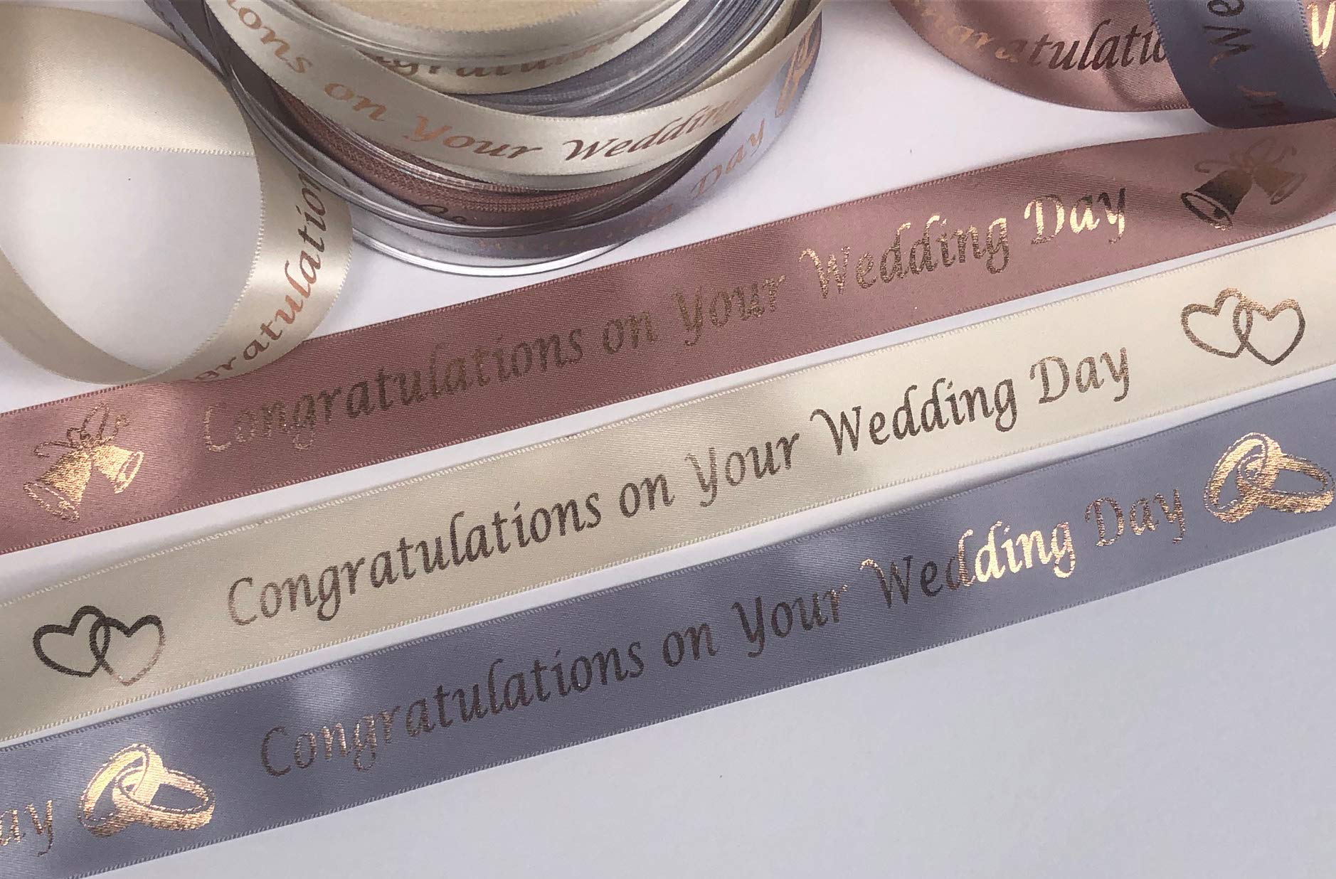 Ribbon Writer Cream 25Mm Satin Ribbon With Metallic Rose Gold 'Congratulations On Your Wedding Day' Print 1 Metre Length