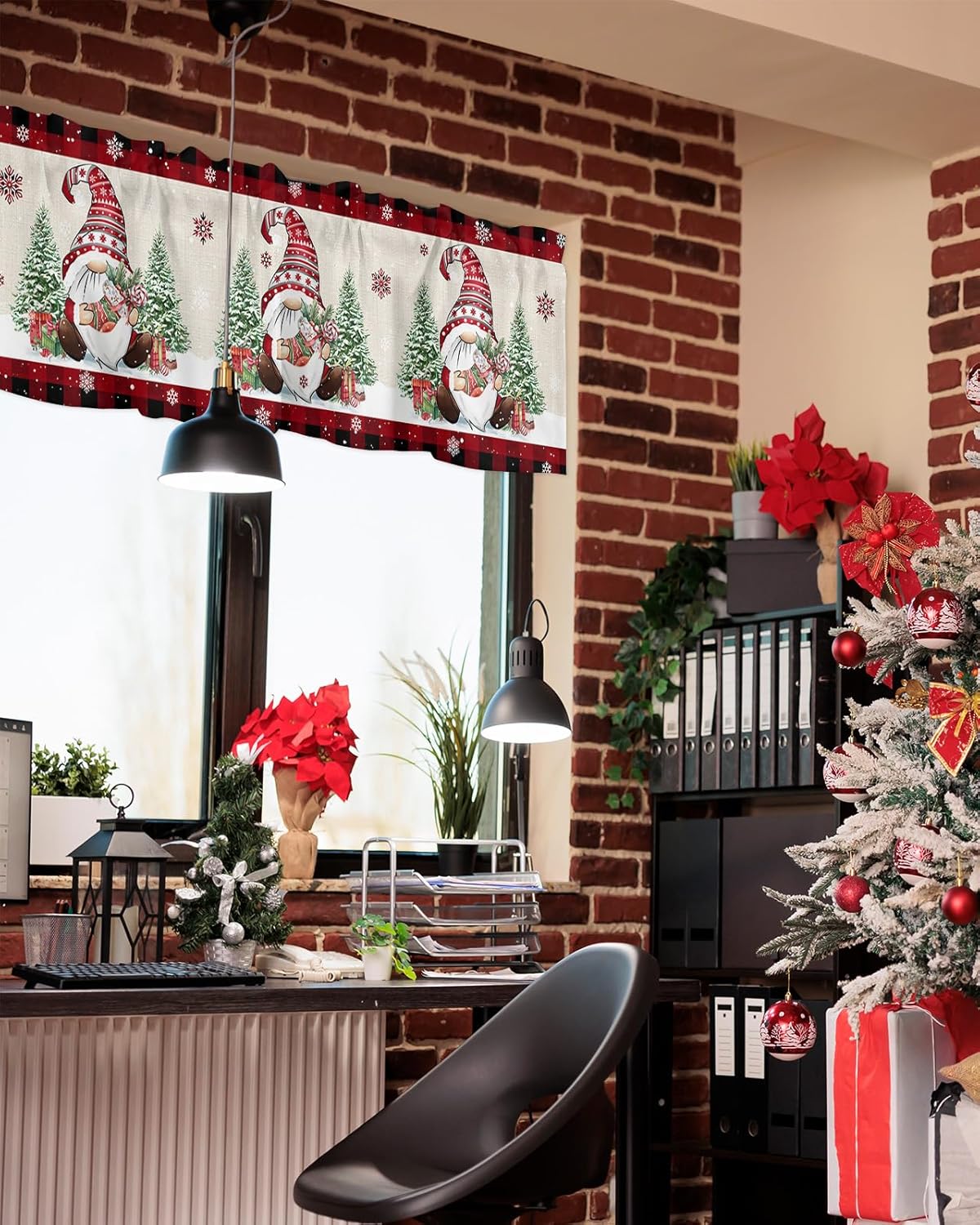 Christmas Valances Curtains for Kitchen Gnome Xmas Tree Snowflake Black Red Buffalo Kitchen Valance Short Curtains Rod Pocket Window Treatments for Bathroom Bedroom Windows 54x18 Inch