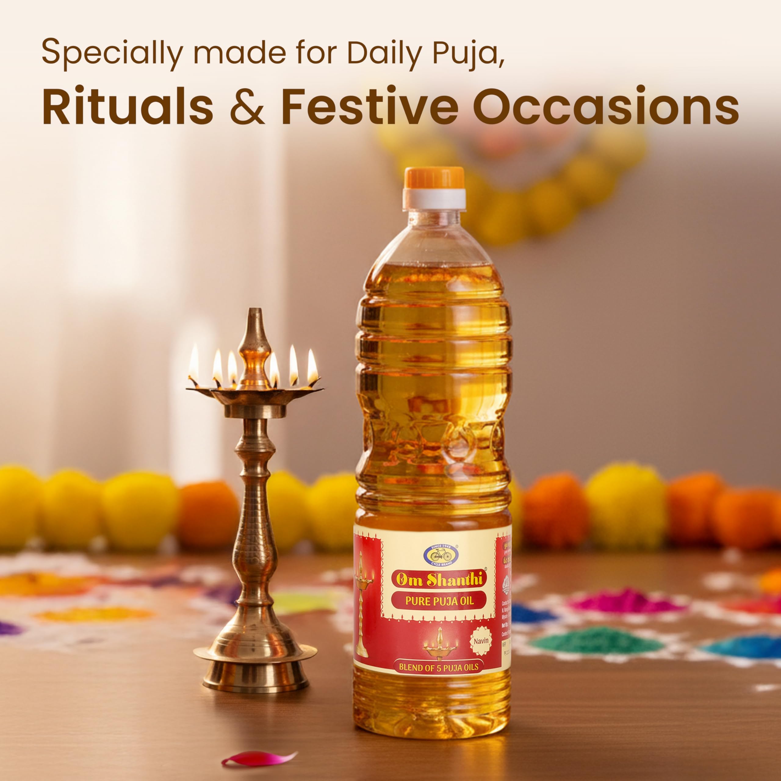 Om Shanthi POOJA MADE PURE Cycle Navin Puja Oil (Diya/Lamp Oil), Blend of 5 Puja Oils with the Fragrance of Tulsi for Daily Puja, Festivals - Pack of 1/1 Liter Per Pack 1