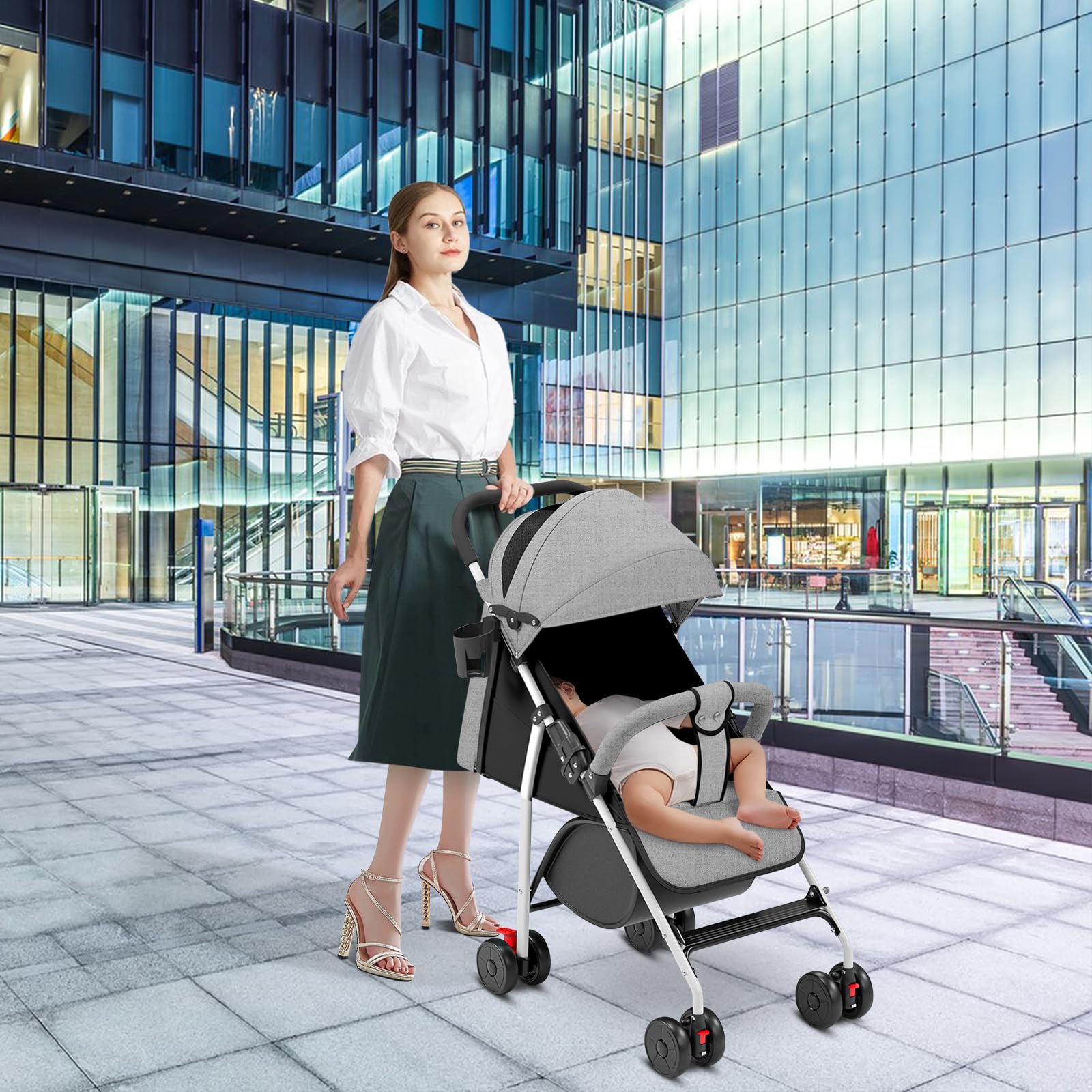 OHMG Buggy Kinderwagen ab 6 Monate bis 4 Jahre,stroller,Baby Sportwagen,Leichtes Kinderwagen-Buggy,PU-Räder,5-Punkt-Gurt,Faltbar,Moskitonetz,Getränkehalter,bis 22 kg (C-Grau)