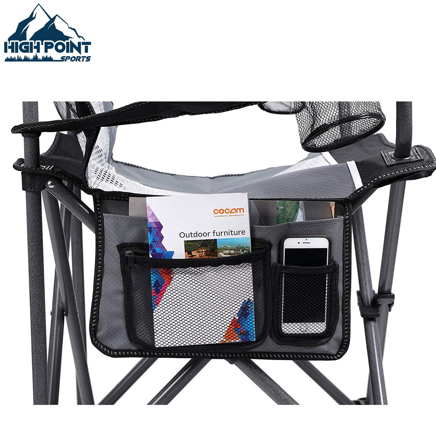 HIGH POINT SPORTS Campingstuhl Faltbar Angelstuhl Mesh-Rücken Klappstuhl | Camping Stuhl 160 kg Belastbar Anglerstuhl mit Armlehne Getränkehalter Stahlrahmen Tragbar Campingsessel (Schwarz)