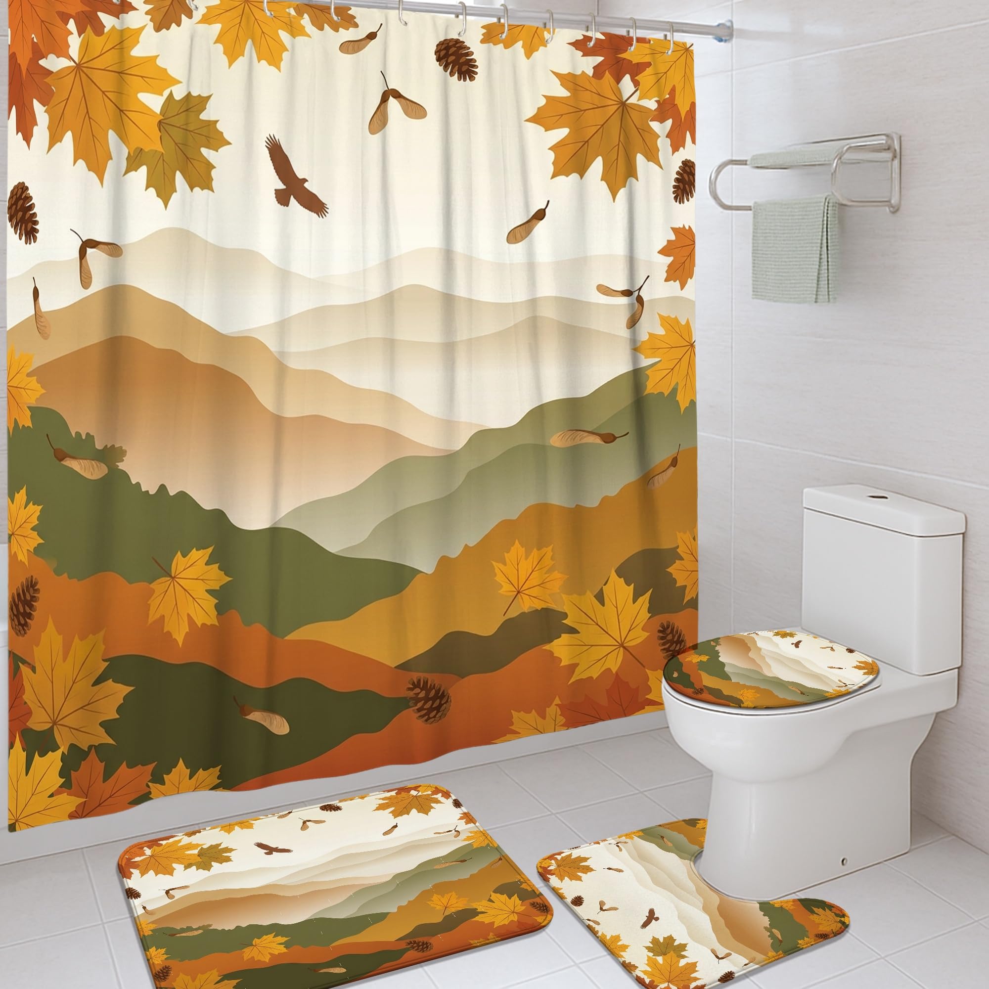 Rideau de douche en tissu imperméable haut de gamme décor montagne orange