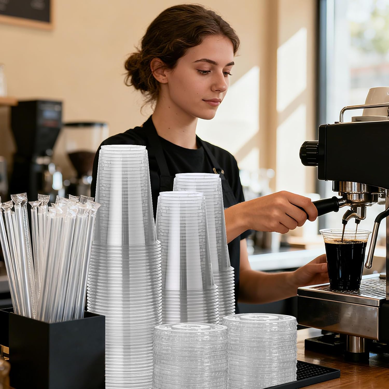 100 Pack 12 oz Clear Plastic Cups with Lids and Straws, Disposable Plastic Coffee Cups with Lids, Party Cups for Iced Coffee, Smoothies and Cold Drinks - Image 7