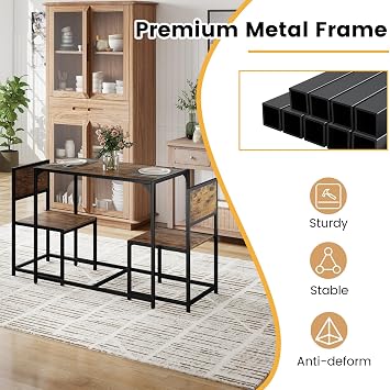 TANGZON 3-Piece Dining Table Set, Metal Frame Kitchen Table and 2 Chairs with Non-Slip Foot Pads, Space Saving Breakfast Bar Table Chairs Sets for Home, Kitchen, Living Room & Restaurant (Antique)