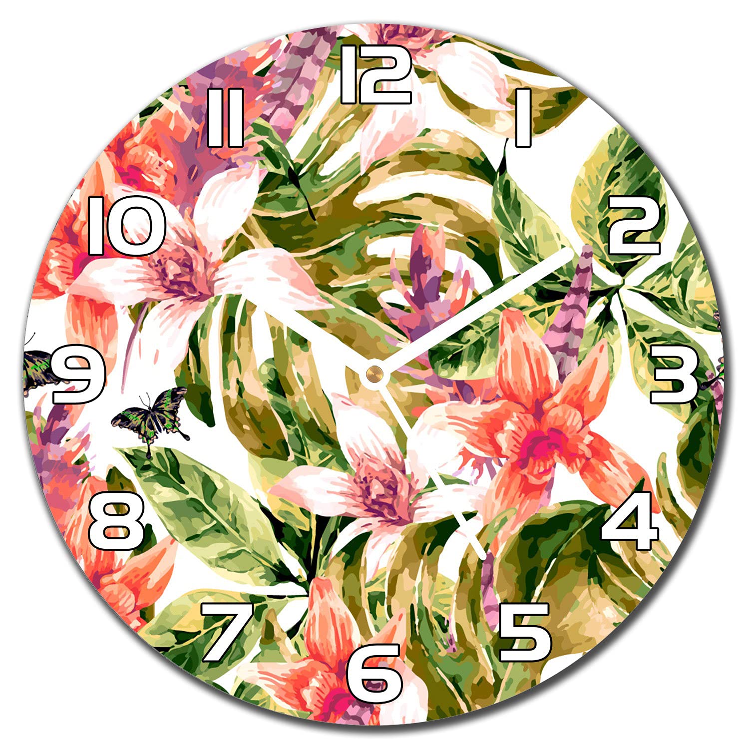 Horloge en verre moderne salon et cuisine 30 cm motif plantes vertes aiguilles blanches
