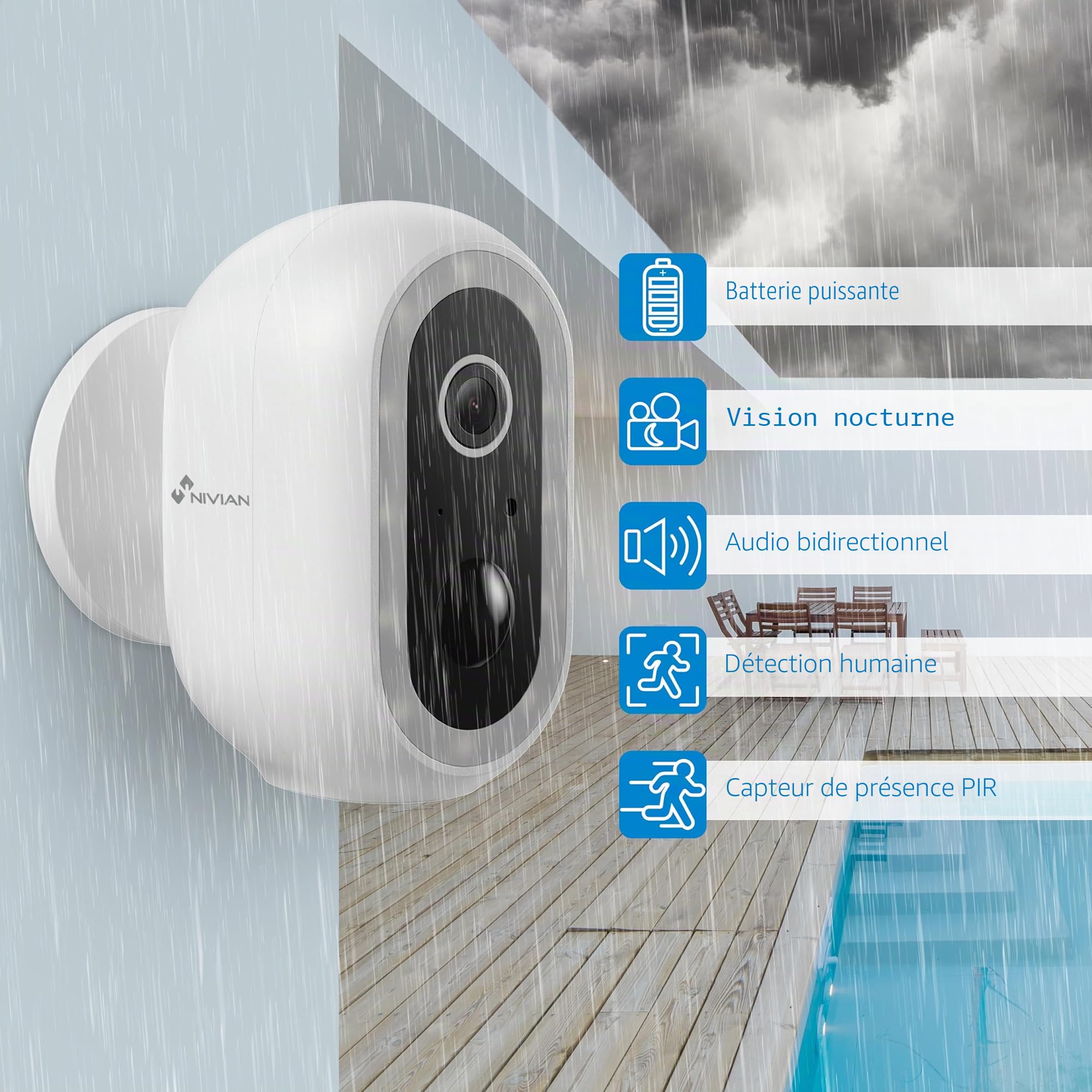 NIVIAN Caméra WiFi Extérieure 2K – Batterie Longue Durée, Détection Humaine PIR IA, Vision Nocturne Couleur, Audio Bidirectionnel, Sirène et LED, App TUYA, Compatible Alexa et Google Assistant