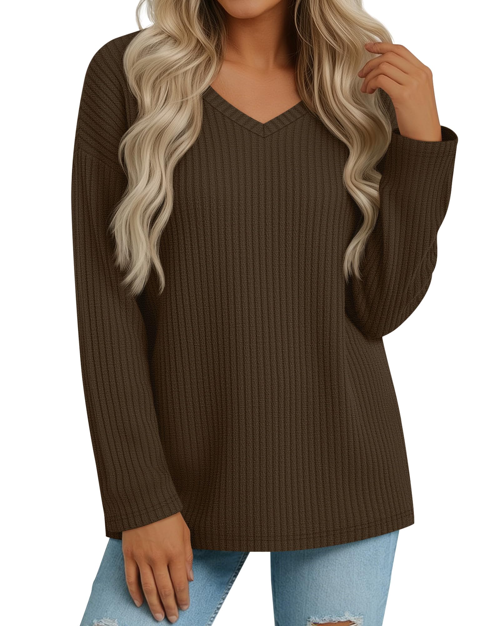 Womens V Neck Sweater Long Sleeve Knit Oversized Shirt Loose Lightweight Fall Casual Pullover Sweater Top Brown X-Large