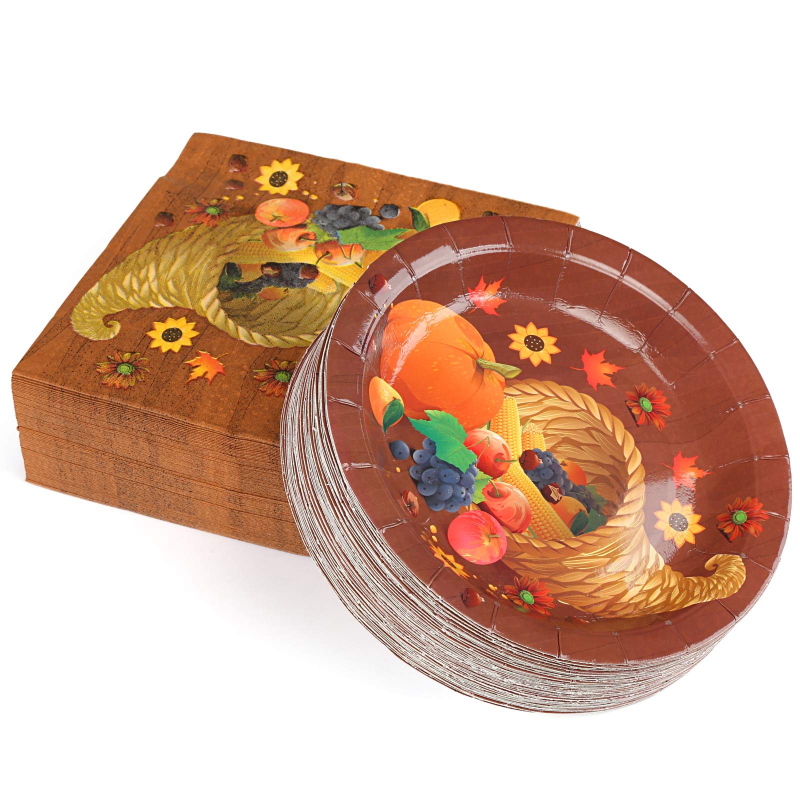 Thanksgiving Paper Plates and Napkins Set Disposable Dessert Plates Autumn Fall Harvest Platters, Service for 50, Cornucopia Theme