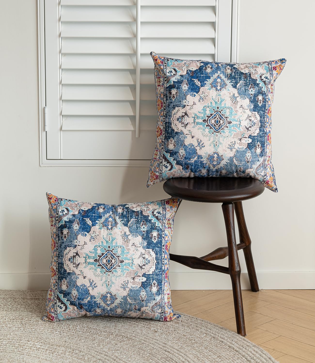 Vorysum Set of 2 Bohemian Style Cushion Covers 45x45 cm Retro Floral Mandala Compass Medallion Decorative Square Throw Pillow Covers 18x18 Inch Sofa Pillowcase for Bed Living Room Couch Decor (Blue) - Image 3