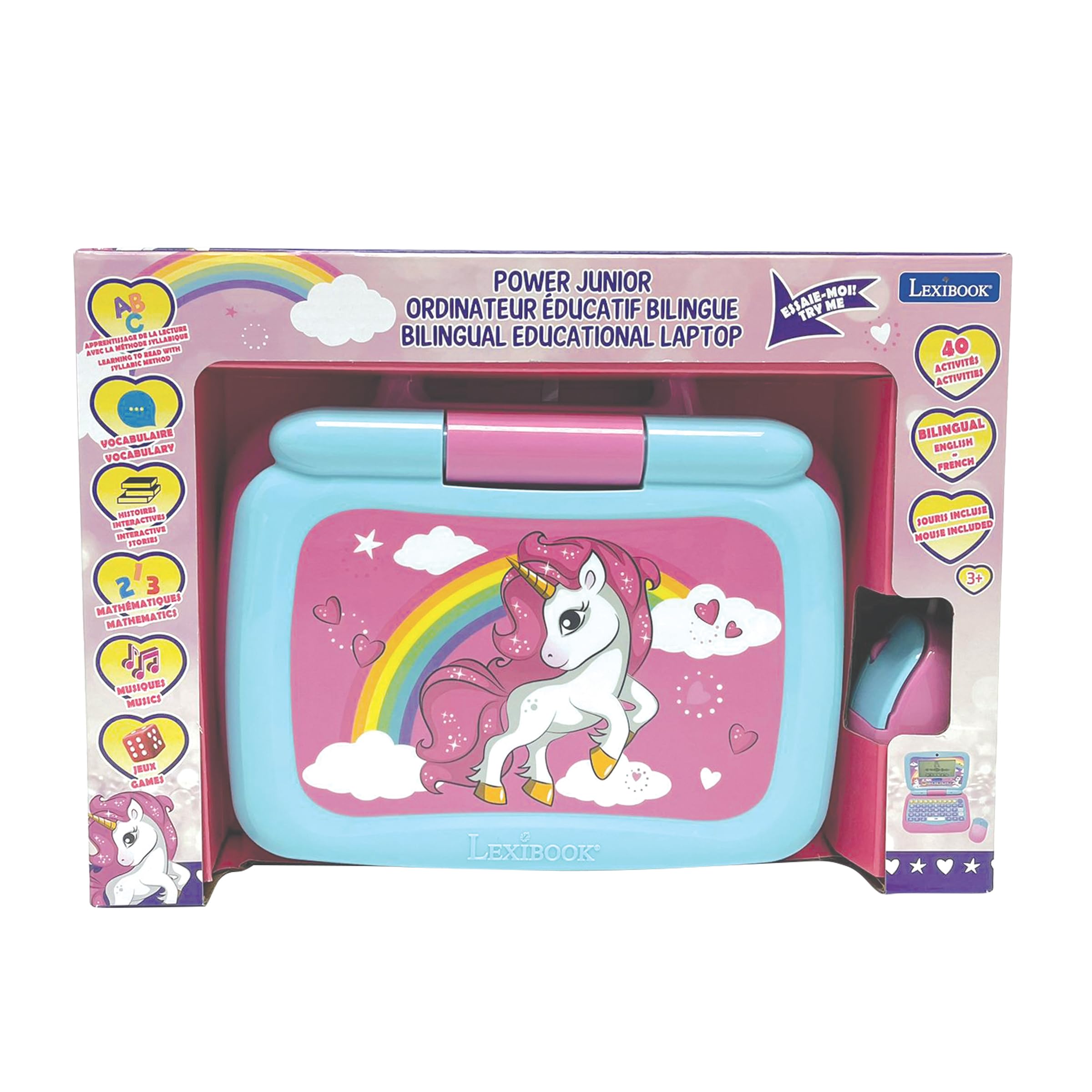 Lexibook, Unicorno, Computer Portatile educativo bilingue Francese/Inglese con 40 attività di Cui Un Nuovo Modo per Imparare a Leggere e contare, JC398UNIi1