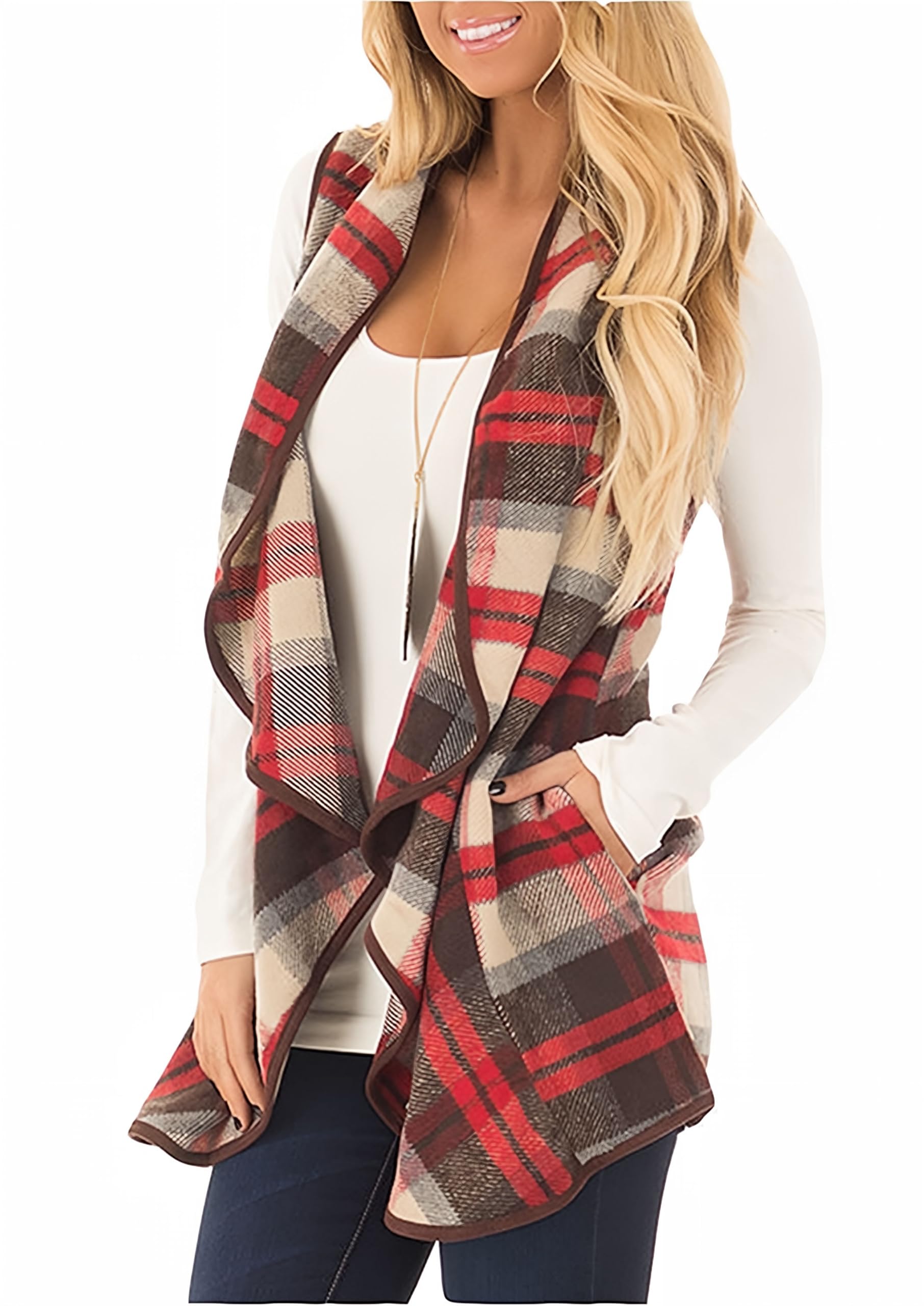 Unidear Womens Buffalo Plaid Vest Casual Lapel Open Front Sleeveless Cardigan Jacket Coat with Pockets