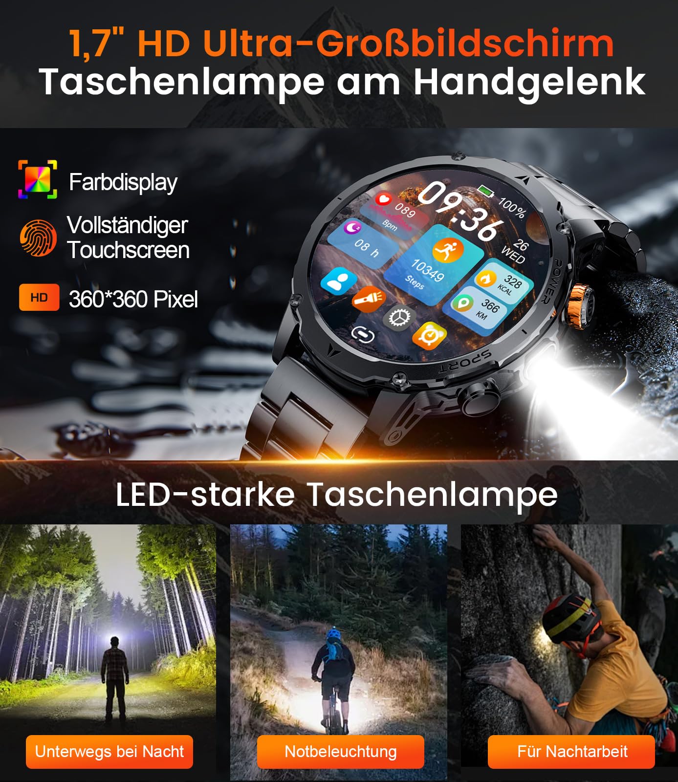 LIGE Smartwatch Herren mit 1000mAh Akku/1.7'' HD Große Display,Militär Smartwatch mit Taschenlampe/Bluetooth Anrufe/120+ Sportmodi,IP68 Wasserdicht Fitnessuhr Herzfrequenz/Schlafmonitor,Stahlschwarz