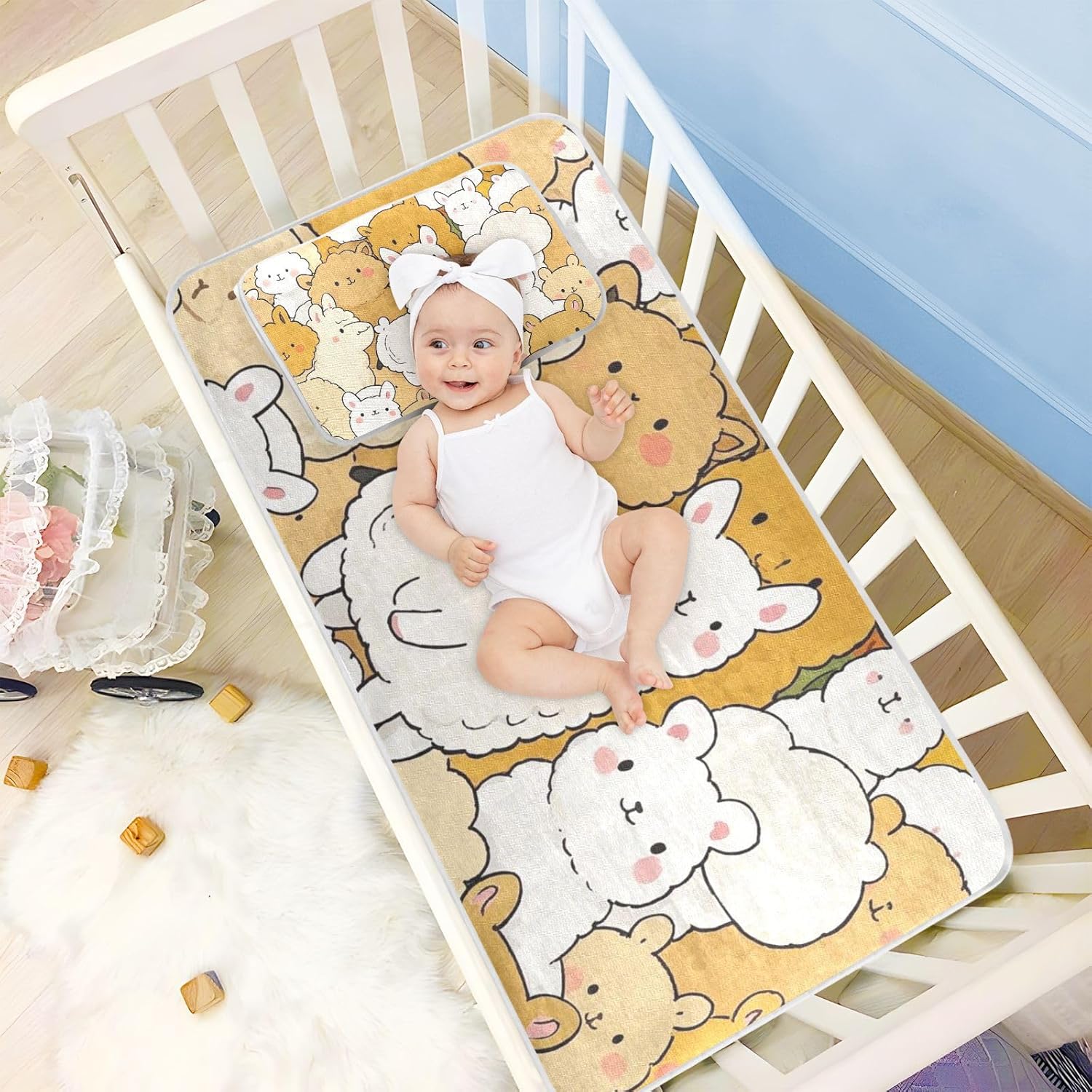 Cute Cartoon Alpaca Cooling Baby Mattress Protector Crib 28" x 52" Washable Bed Pads for Adults for Baby&Toddler