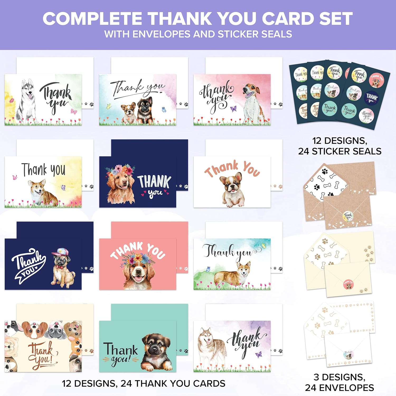 Decorably 24 Pack 6x4in Dog Thank You Cards with Envelopes & Stickers, 12 Adorable Puppy Designs for Kids, Friends, Loved Ones, Blank Inside - Children's Party, Baby Shower, Birthday, Gifting, Mailing - Image 2