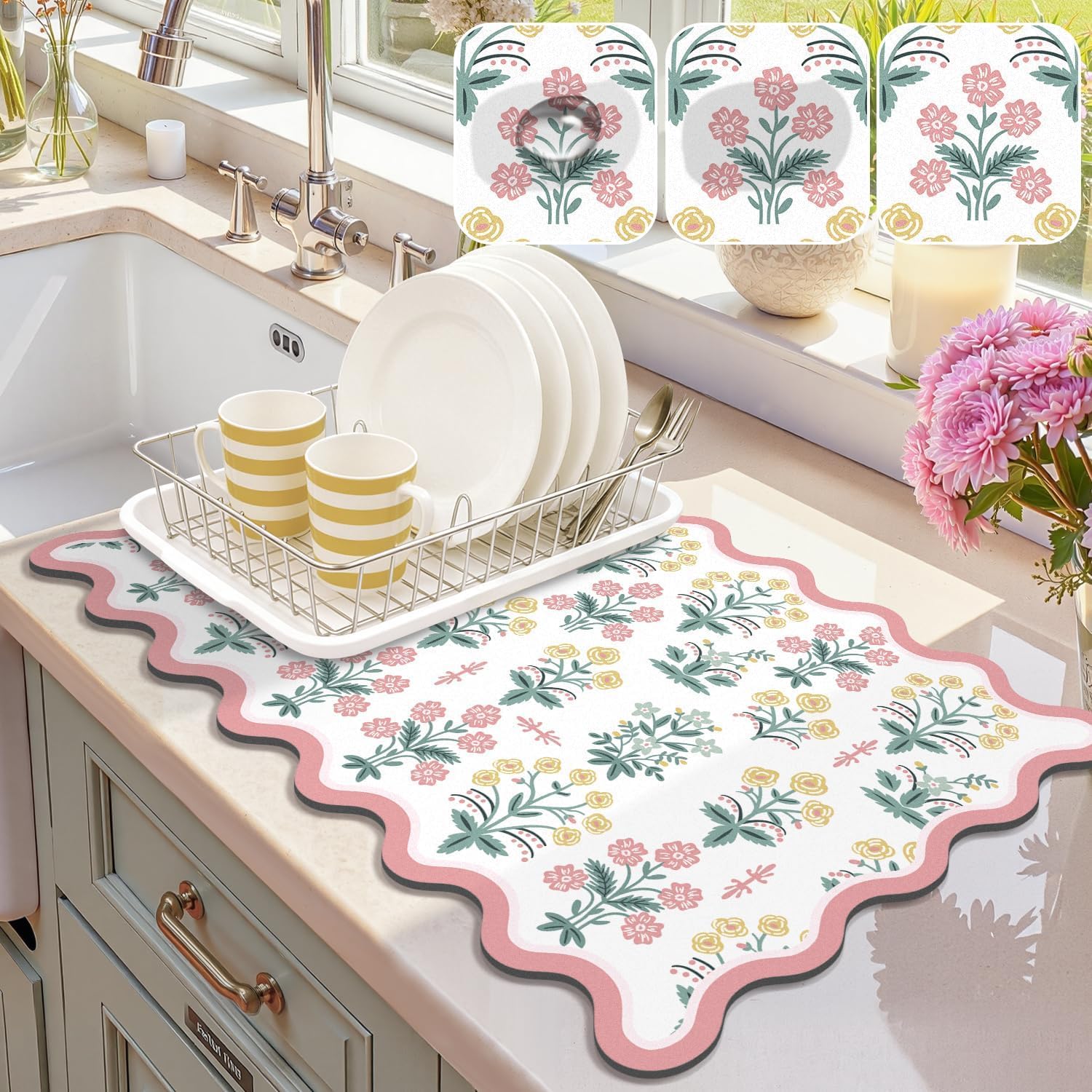 1 Pack Scalloped Floral Dish Drying Mat, 12"x20" Coffee Mat Pink Pastoral