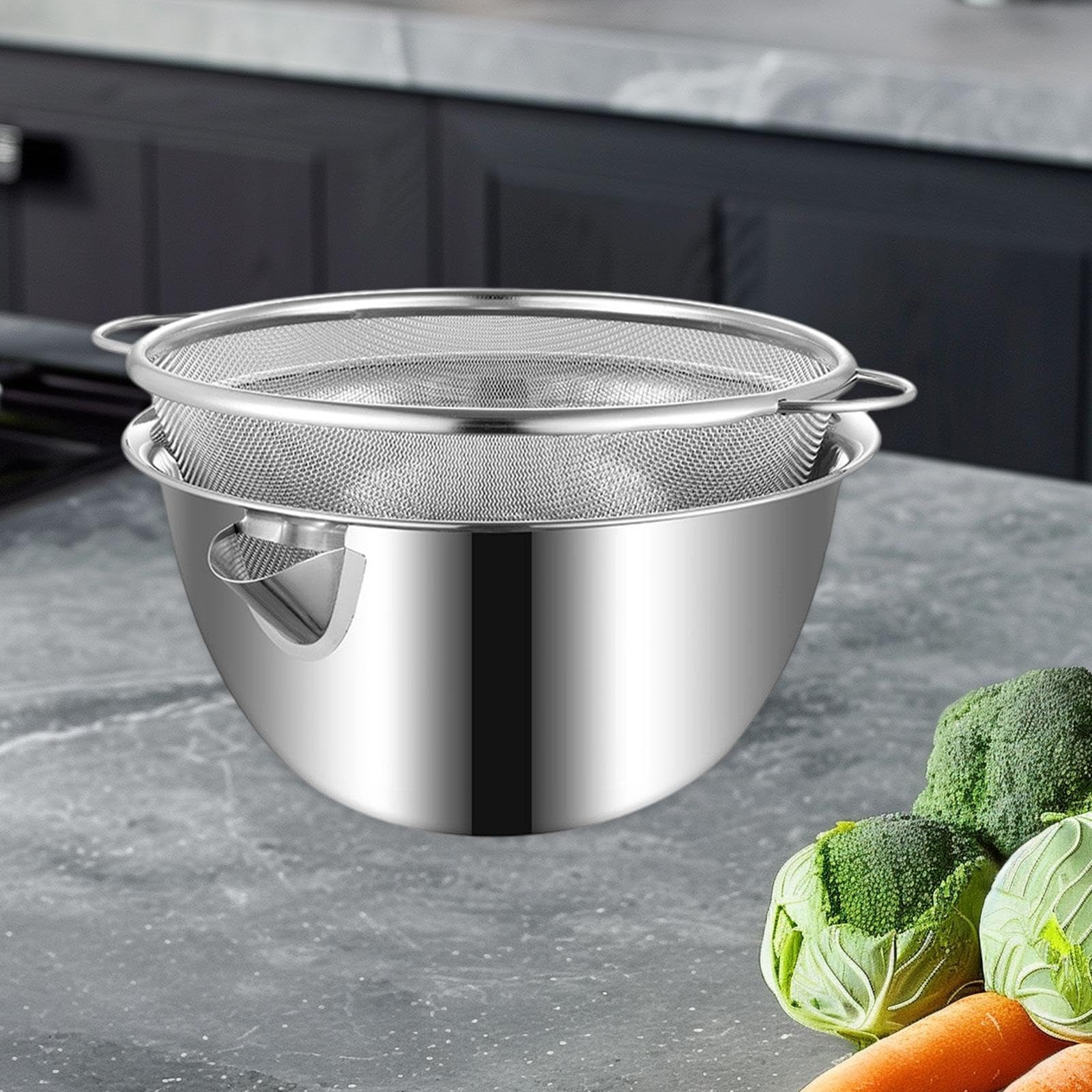 Fenteer 2 Piezas Colador de Cocina Y Cuenco para Mezclar Cesta Escurridora Y Lavador de Granos de Acero 304 con Agujeros Finos Adecuado para Lavar
