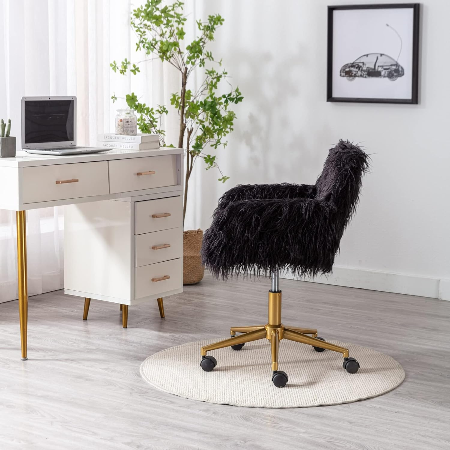 Elegant Faux Fur Desk Chair, Modern Black Fluffy Home Office Arm Chair, Cute Fuzzy Makeup Vanity for Girls Women, Swivel Gold for Living Room Bedroom Office