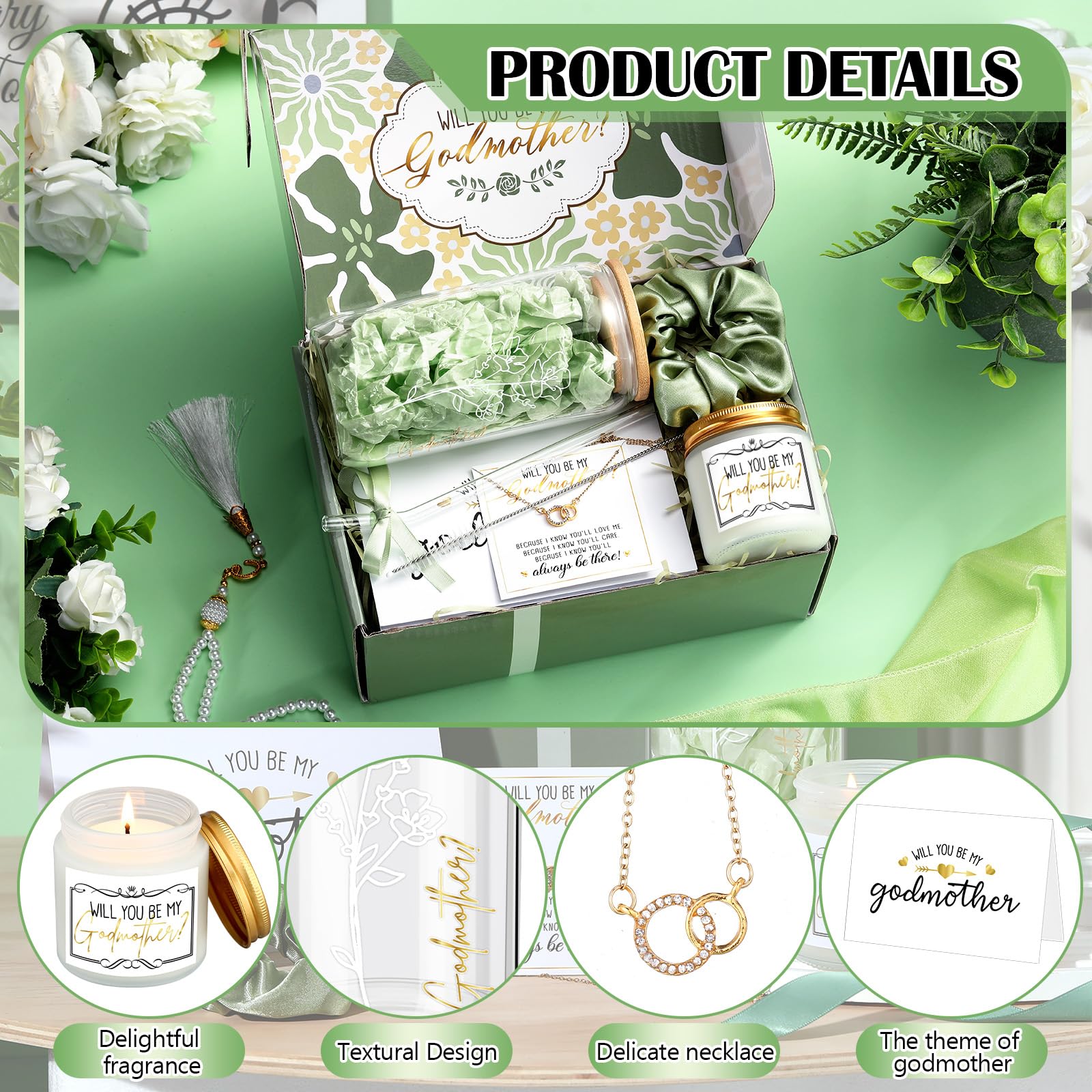 6 Pcs Godmother Proposal Gift Set, Will You Be My Godmother Gift Box, 16oz Glass Cup, Necklace & Scented Candle from Godchild for Baptism Mother’s Day Birthday(English,Sage Green)