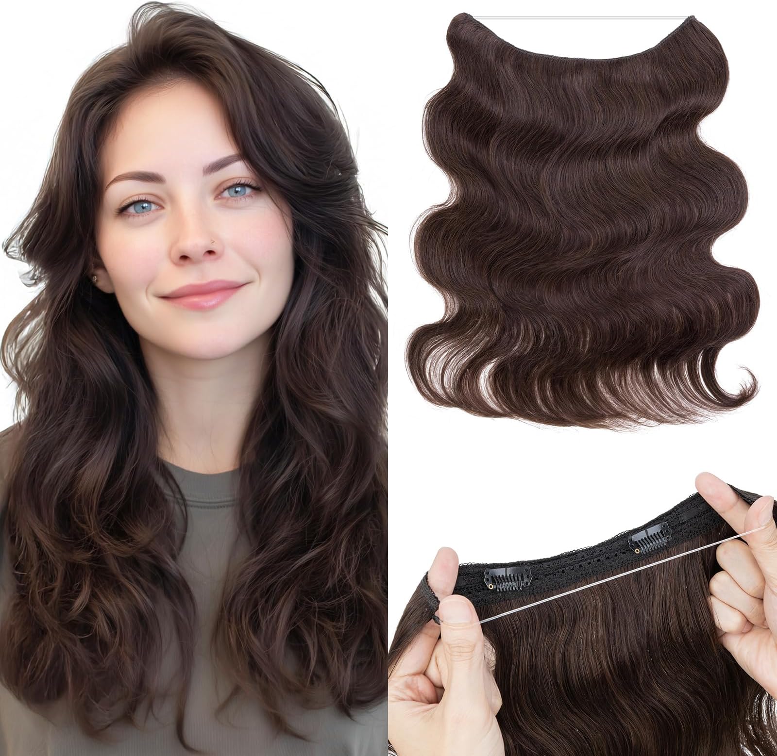 SEGO Halo Hair Extensions, Wavy Adjustable Invisible Wire Extensions, Real Human Hair, 2 Clips for Women Transparent Fish Line Extensions, Add Length Volume, 20 inches, Dark Brown
