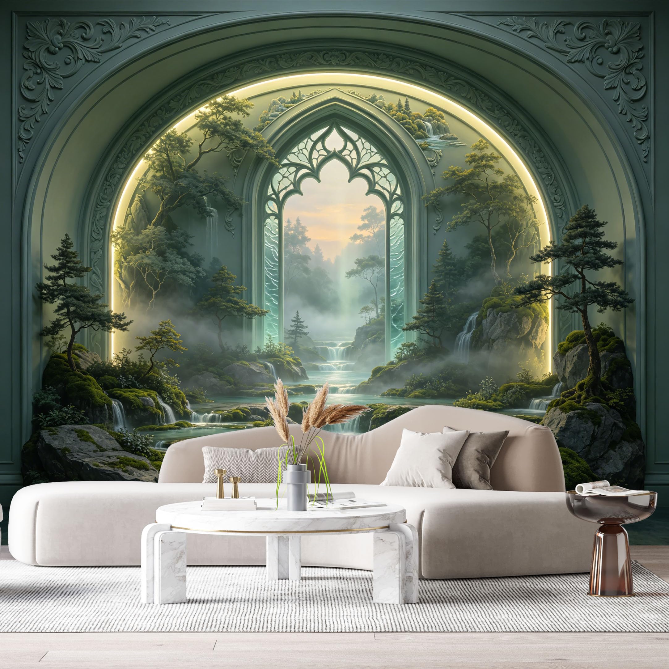 Custom Size Wall Murals Fantasy Gothic Archway Mystical Waterfalls Forest Landscape 3D Trompe L'Oeil SelfAdhesiveWall Fabric Removable Wallpaper Wall Decor for Living Room Bedroom Bathroom