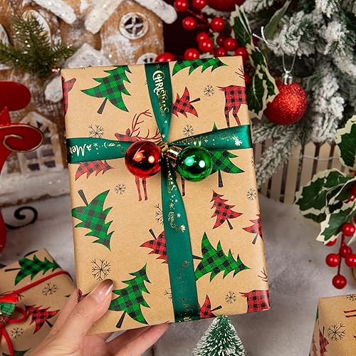 Miniatura 38 de Yarcony Papel kraft de regalo de Navidad, papel de regalo negro, árboles de Navidad de lujo, renos, copos de nieve, papel de estraza resistente