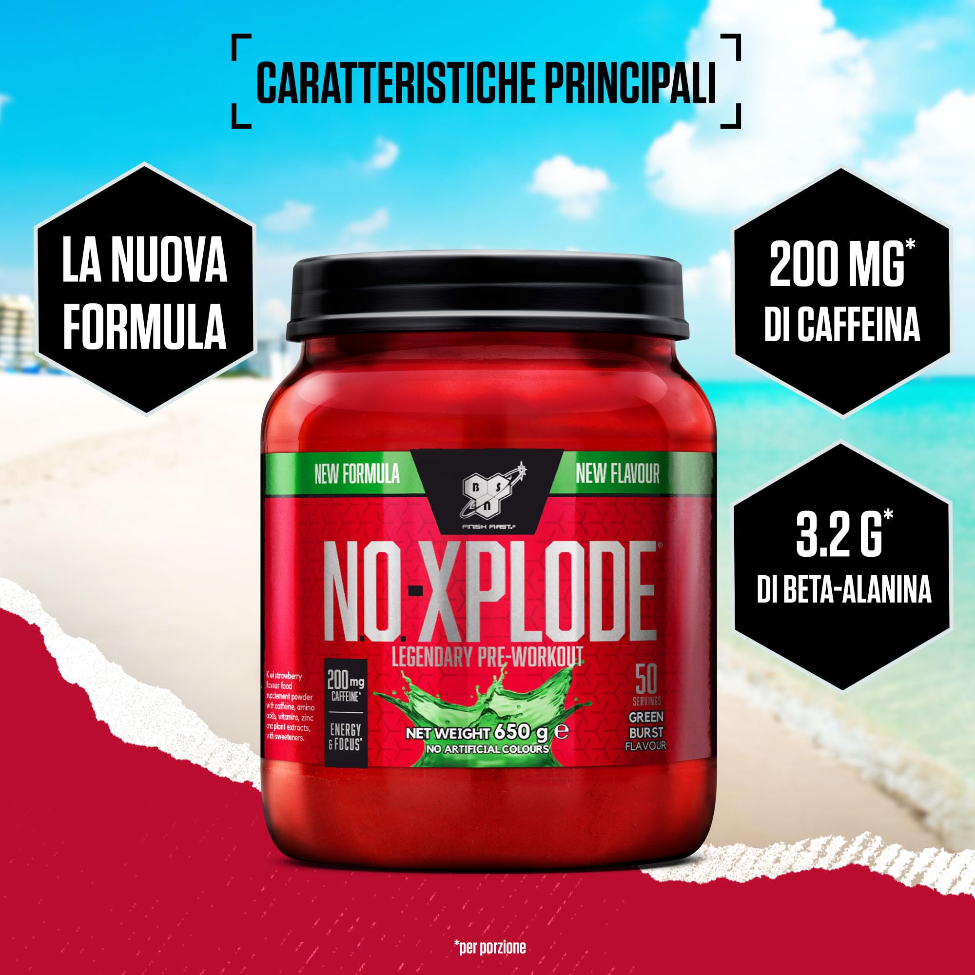 BSN Nutrition N.O.-Xplode, Integratore Alimentare in Polvere Pre-Allenamento, Supporto per Energia e Concentrazione con Caffeina, Aminoacidi, Vitamina C e Zinco, Gusto Green Burst, 50 Porzioni, 650 g