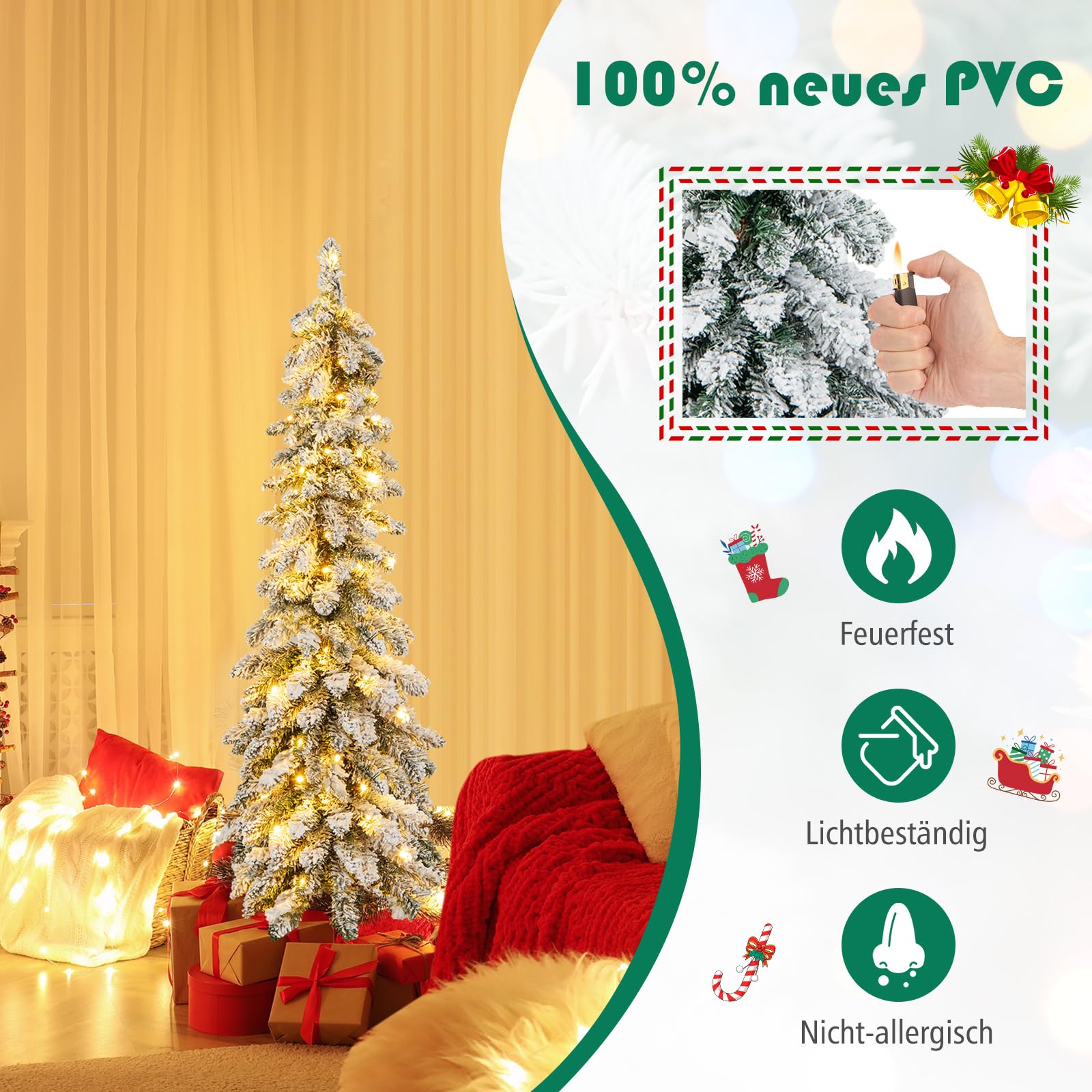 COSTWAY 120cm Bleistift Weihnachtsbaum mit Schnee, LEDs in warmweiß und bunt | 11 Lichtmodi | Timer, künstlicher Tannenbaum mit Beleuchtung & Metallständer, Christbaum Kunstbaum Weihnachten, Weiß