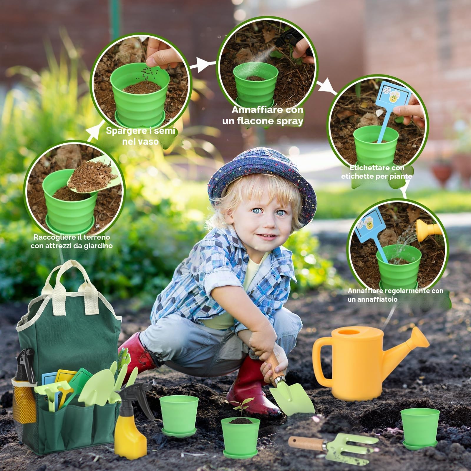 CUTE STONE Set di attrezzi da giardinaggio per bambini, 20 giocattoli da giardinaggio, kit di attrezzi da giardino per bambini, giocattoli da esterno regalo per ragazzi e ragazze