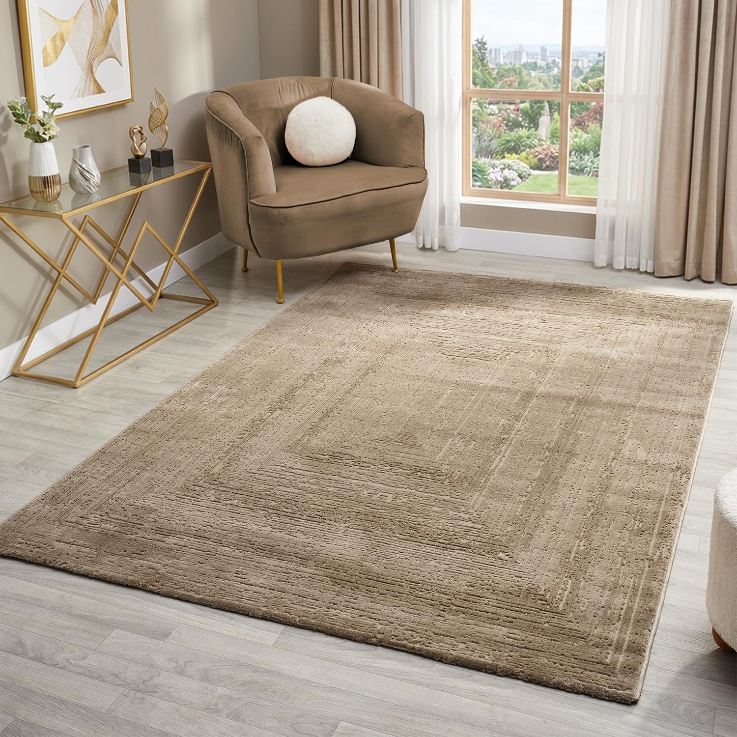 VIMODA Teppich Wohnzimmer Schlafzimmer Modern Hoch&Tief Bordüre Qualitativ 3D Effekt,Farbe:Beige;Maße:80x150 cm