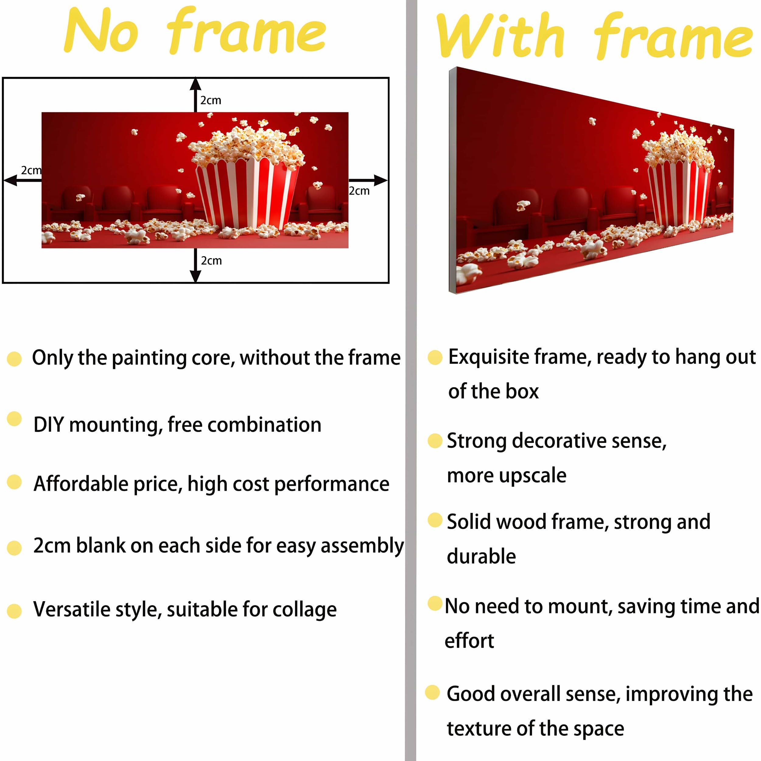 ZORYAN Quadro Moderno per Soggiorno Popcorn Senza Cornice 70x140 cm | da Cinema Stampe da Parete Grandi Strisce Retrò Stampe su Tela Snack da Serata Cinema Decorazioni per Camera da Letto