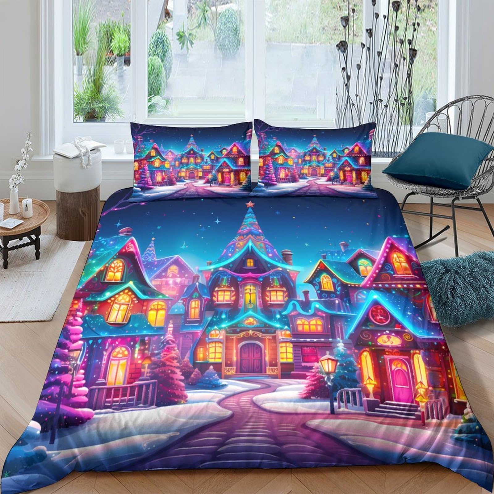 XFKLYNVCJ 3D Printed Christmas village Comforter Cover Brushed Microfiber Fantasy holiday scene Bed Cover Machine Washable No Iron Family Home Guest Room Use Single（140x200cm）