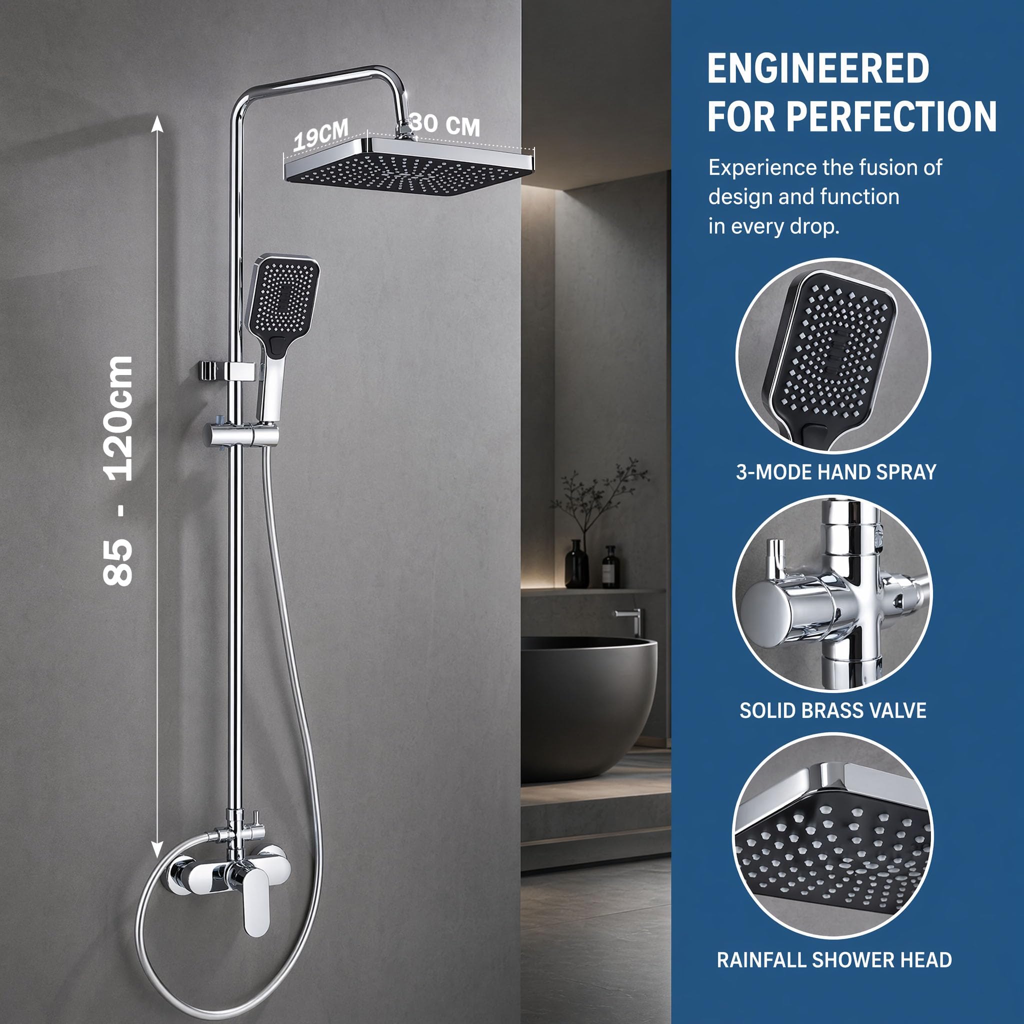 Duschsystem ohne Thermostat mit Armatur, Aufputz Duschset höhenverstellbar 85–120 cm, große Regendusche 30 × 19 cm, Handbrause mit 3 Strahlarten, Chrom Duscharmatur Komplettset