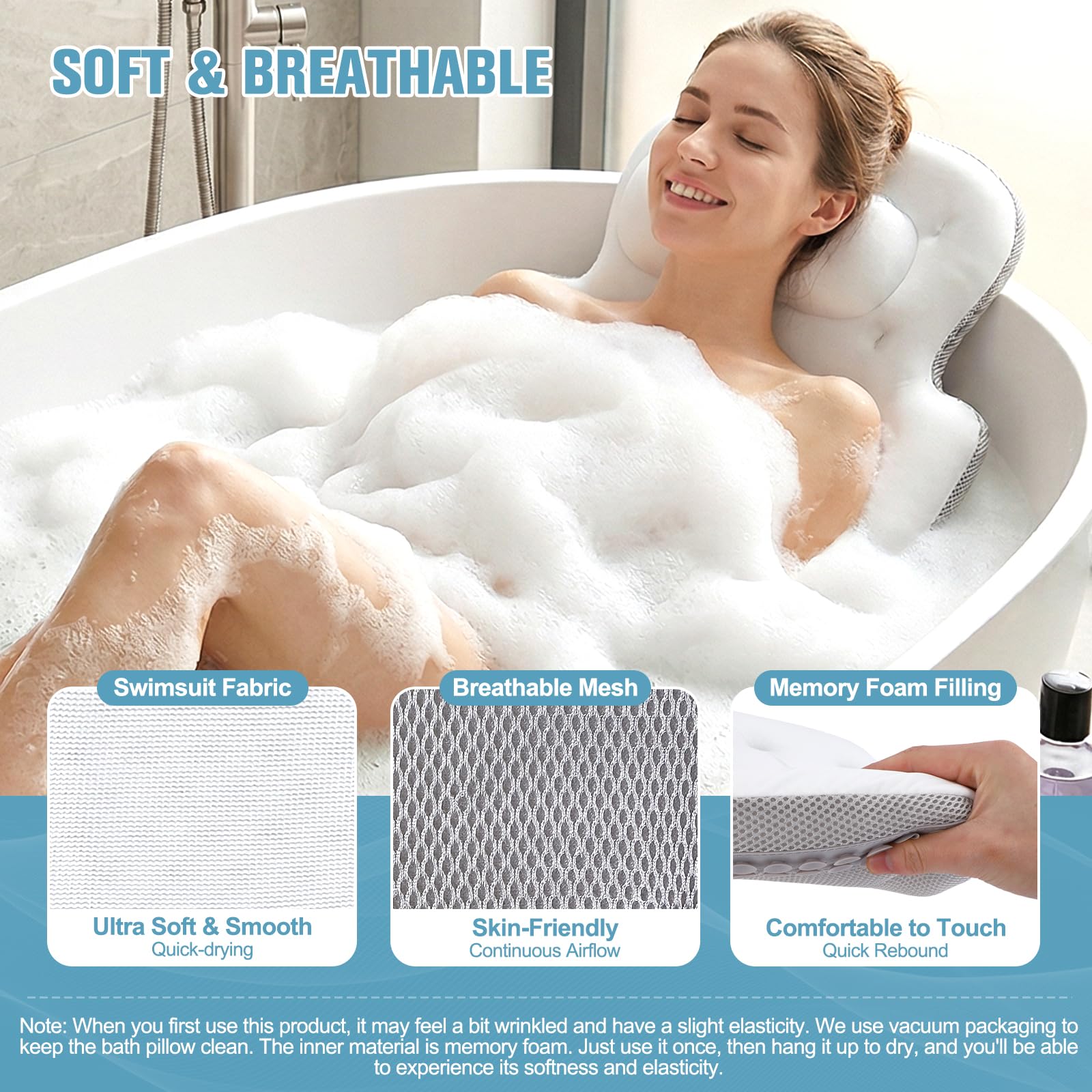 Almohada de baño de Cuerpo Completo 127 x 41 cm, con Soporte para Cabeza y 192 ventosas. Grosor 6 cm en Espuma viscoelástica – Relajación Tipo SPA en casa – Incluye Bolsa de Lavado