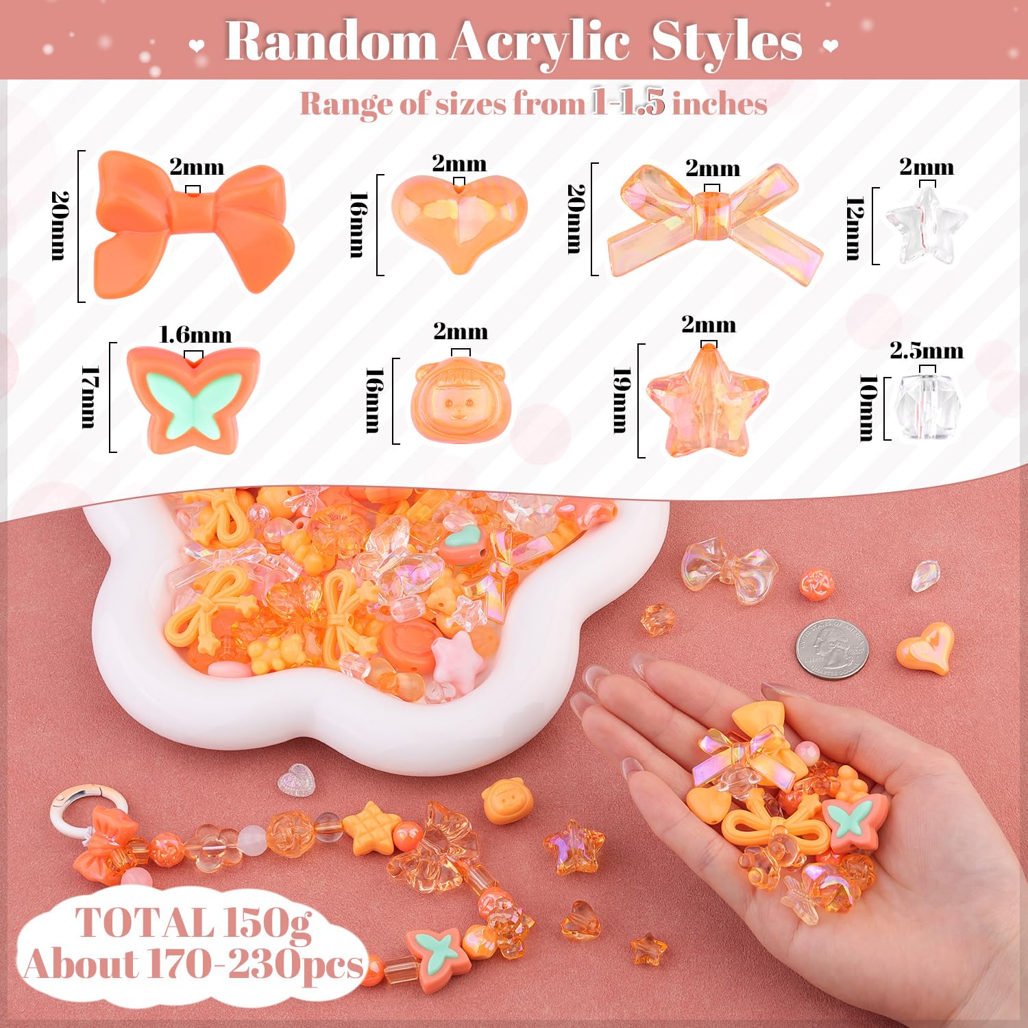 210-270PCS TINKRSTUFF Assorted Acrylic Beads for Bracelet Making, Cute Beads for Jewelry Making Flower Bow Butterfly Candy GummyBear Aesthetic Bracelet Charms, DIY Necklace Keychain Phone Charm: ORANGE