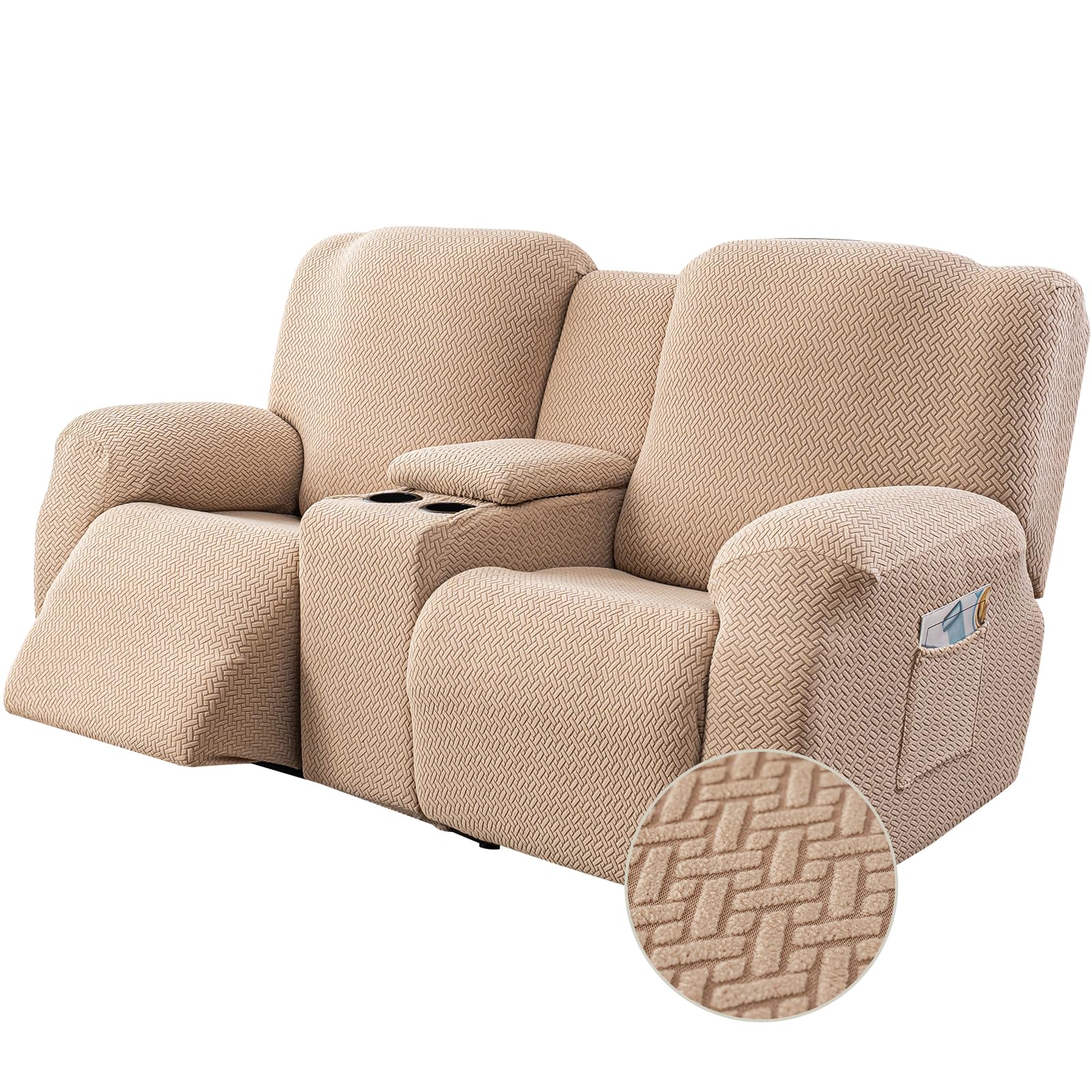 Genina Recliner Loveseat Covers with Console,2 Seater,Khaki