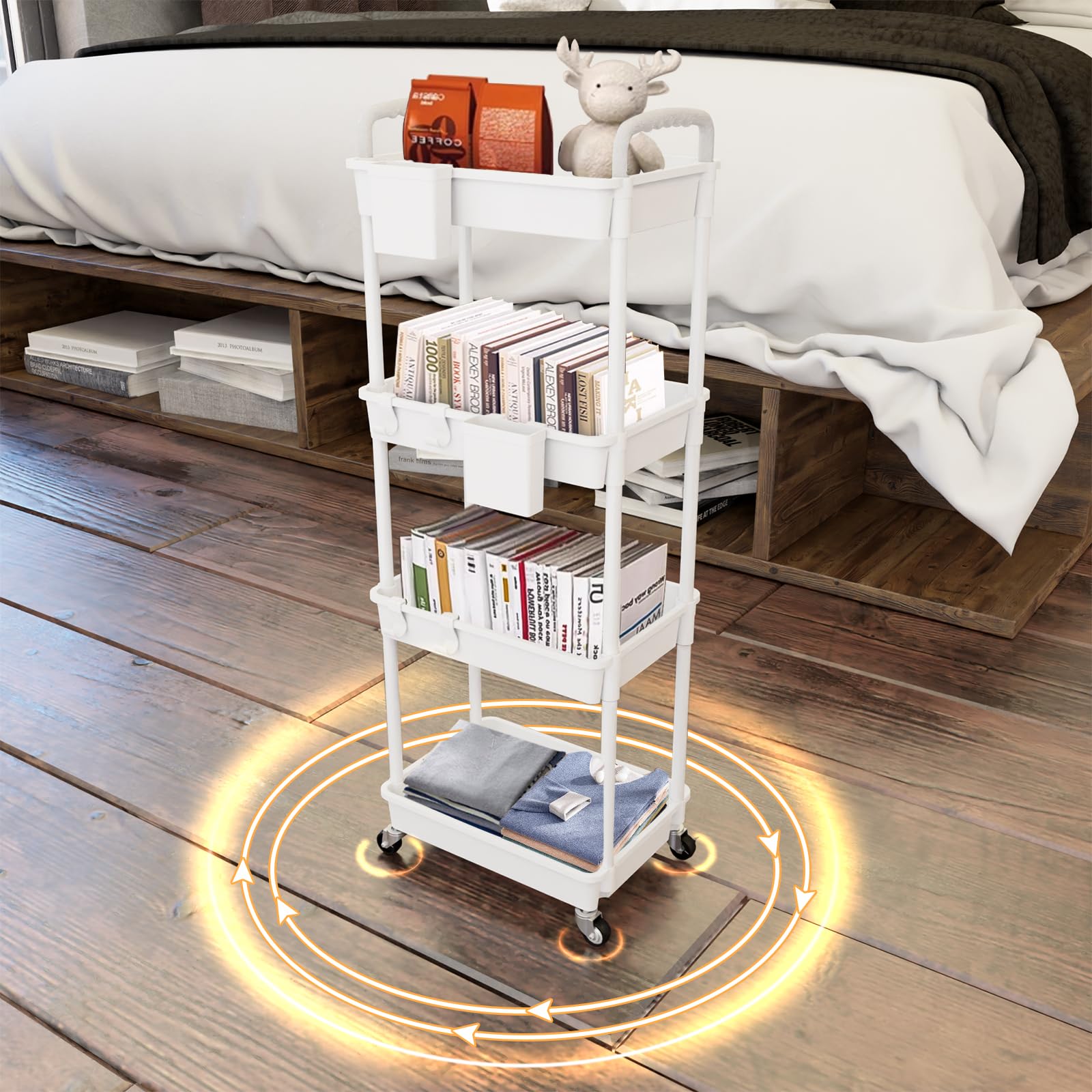 Carrito utilitario rodante de 4 niveles con asa, carrito utilitario REBECAT hecho de herramienta organizadora de almacenamiento multifuncional para cocina, baño, sala de estar, oficina (blanco)