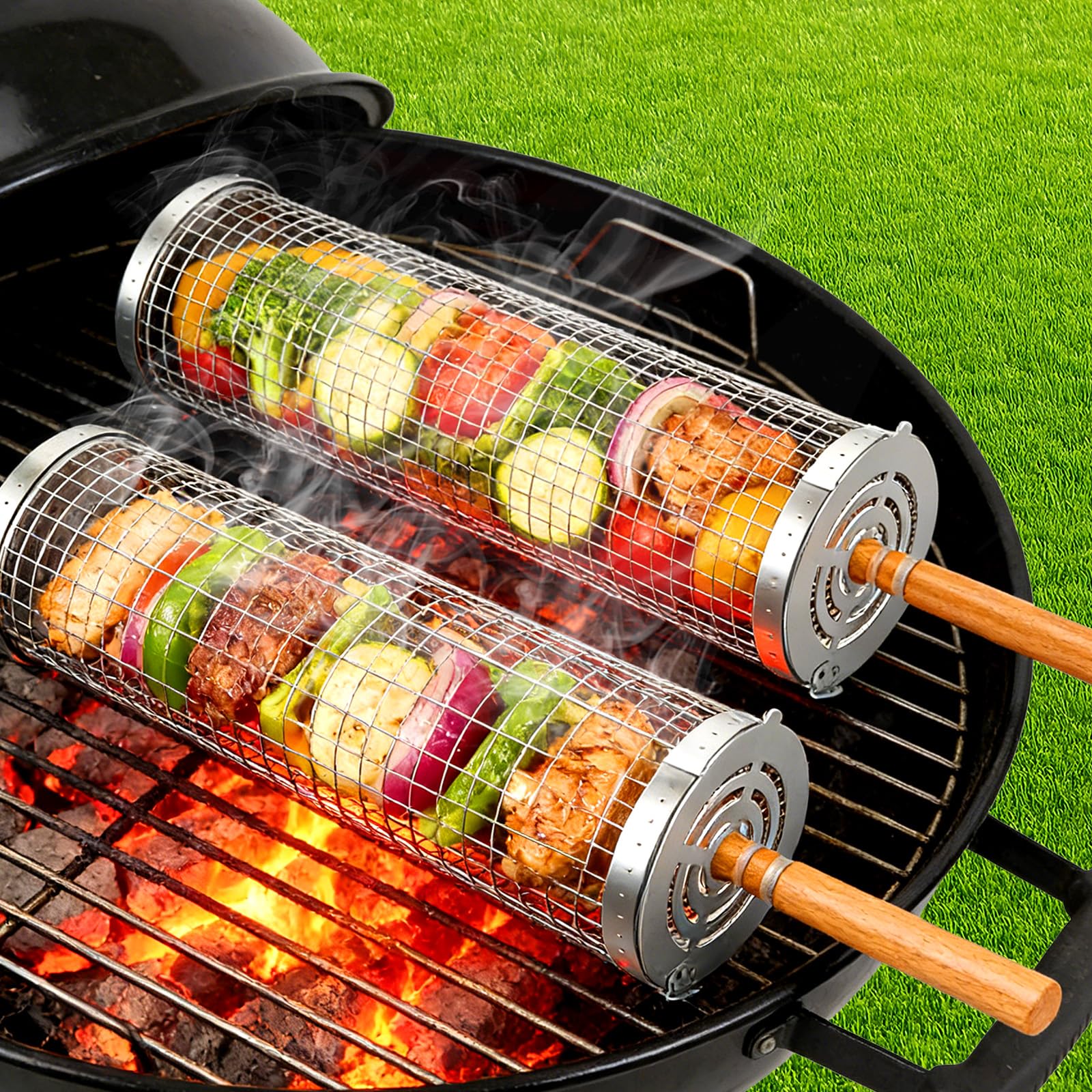 Juego de Cestas de Parrilla de Acero Inoxidable con Mango de Madera - 2 Cestas de Barbacoa Giratorias y Plegables, 31x10cm + 30x9cm, para Verduras, Carne, Pescado en Parrilla y Fogata