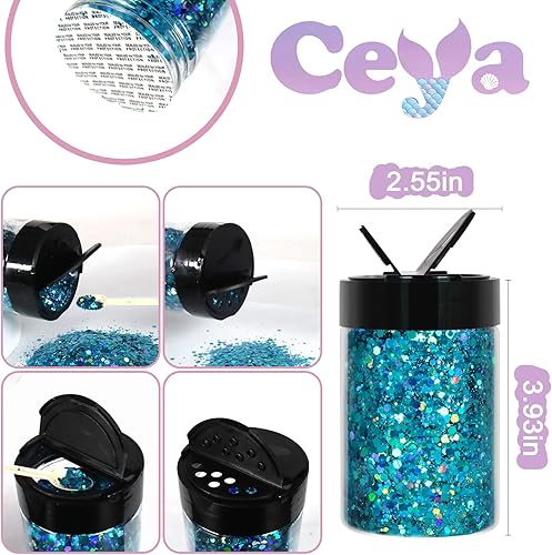 Miniatura 4 de Ceya Purpurina gruesa holográfica, 4.9 onzas4.94 oz, color azul cielo, purpurina en polvo mezclado con copos gruesos y finos, lentejuelas