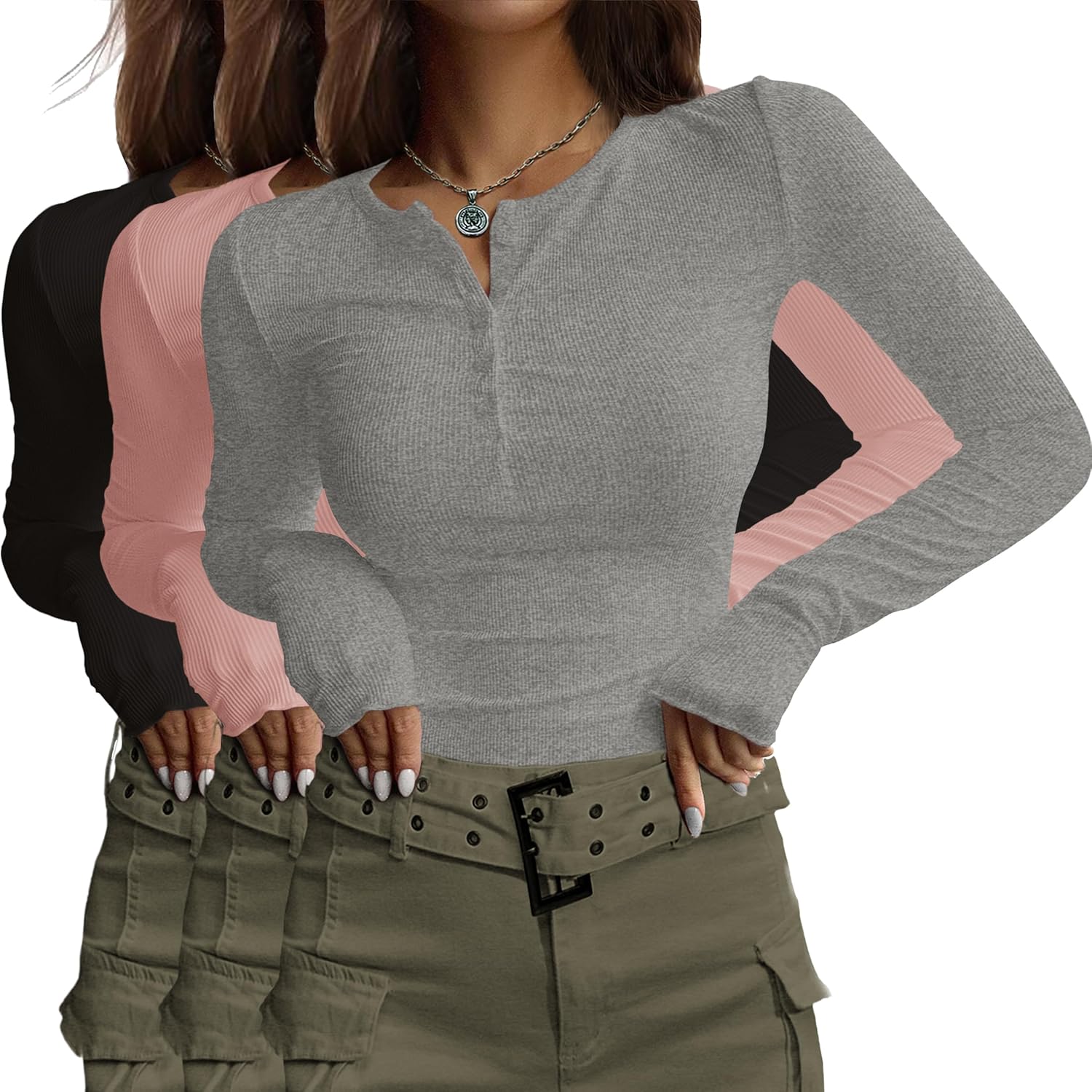 Ekouaer Women's Long Sleeve Shirts 3 Packs Henley Button Down Tops Ribbed Slim Fit Base Layer Soft Thermal Tee
