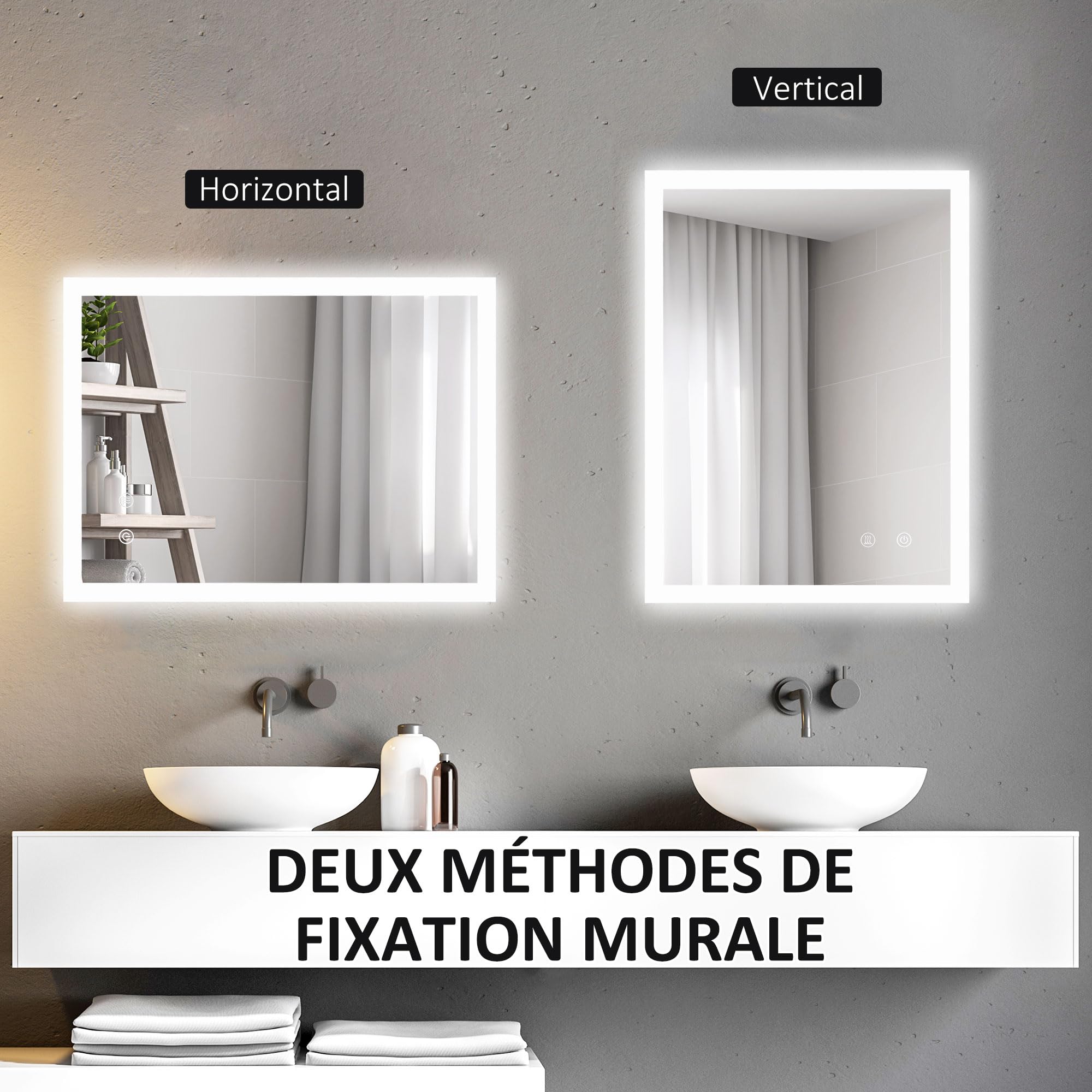 kleankin Miroir Mural Lumineux LED de Salle de Bain 80 x 60 cm Transparent | Avec 3 Couleurs, Luminosité Réglable, Interrupteur Tactile, Système Antibuée